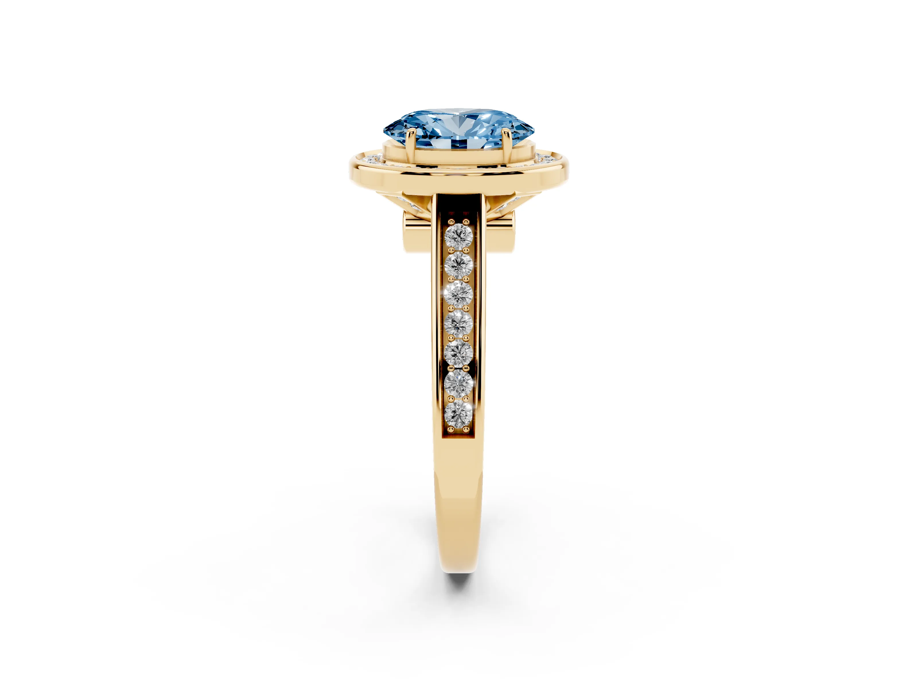 Fancy Blue Oval Cut Diamond Halo Solitaire Ring Set in Yellow gold with Pavé Band and Bezel Setting