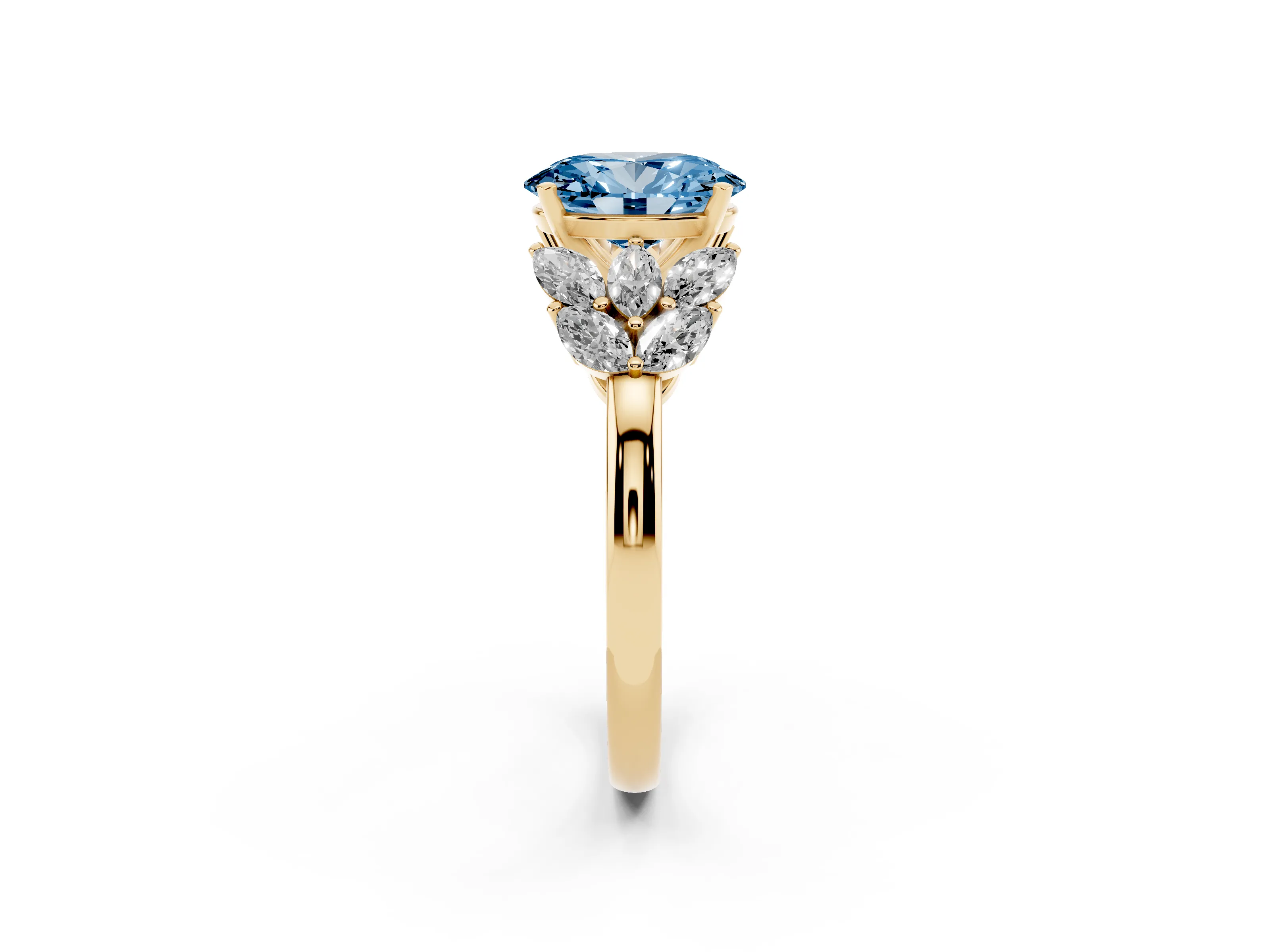 Fancy Blue Oval Cut Diamond Cluster Leaf Design Ring Set in Yellow gold with Prong Setting