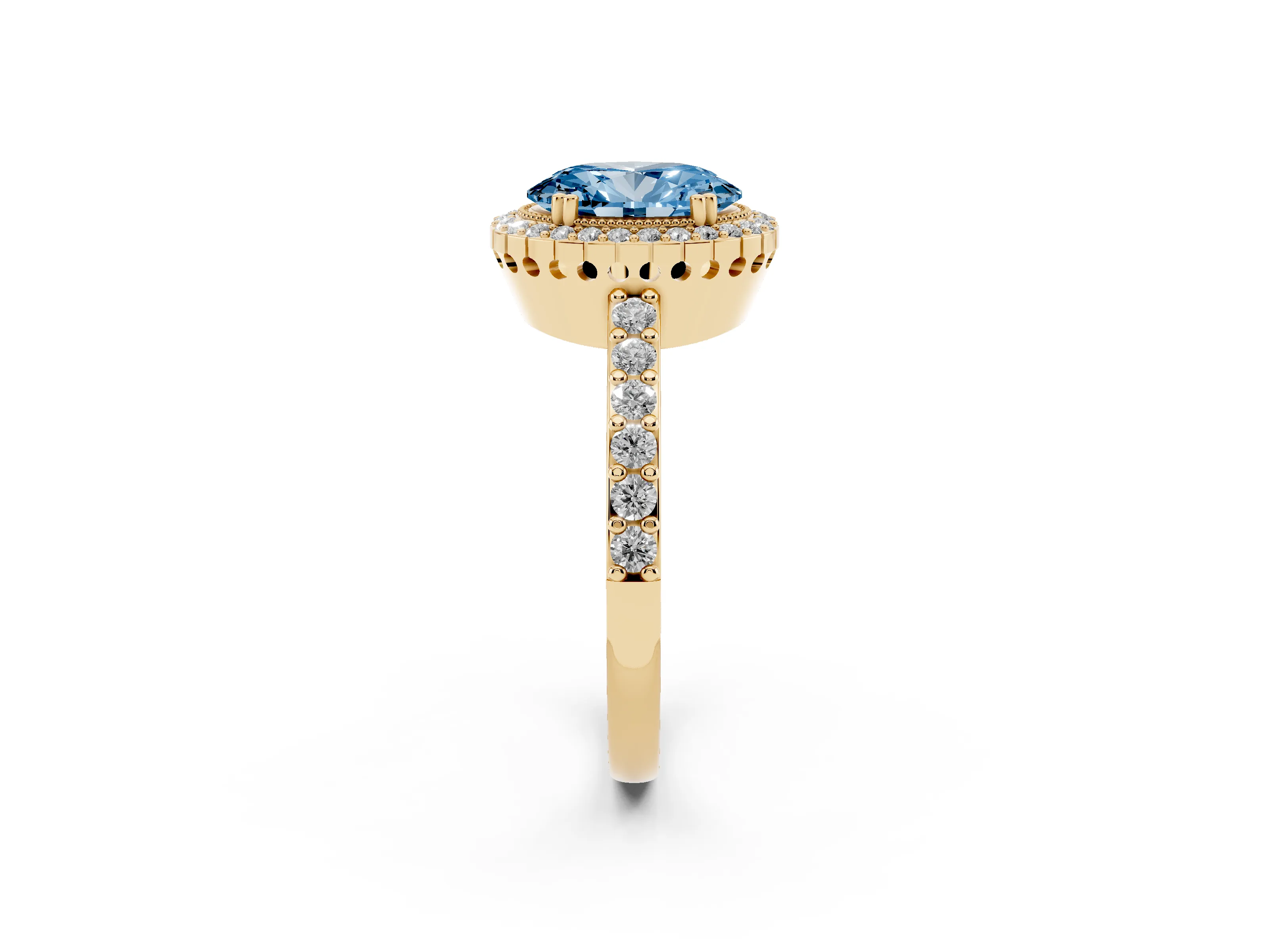 Fancy Blue Oval Cut Diamond Halo Engagement Ring Set in Yellow gold with Milgrain Detail and Pavé Band