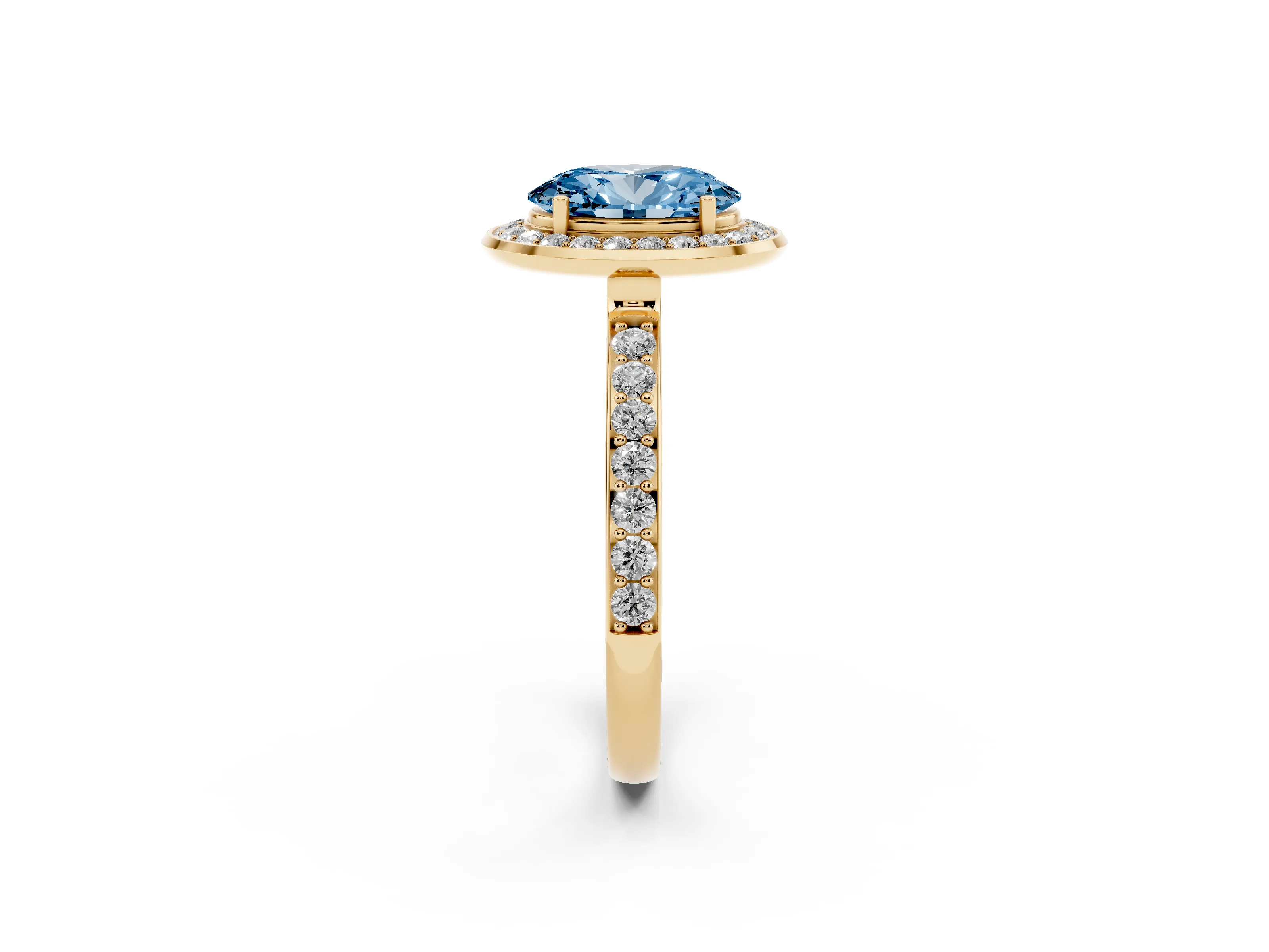 Fancy Blue Oval Cut Diamond Halo Ring Set in Yellow gold with Bezel Frame and Pavé Band