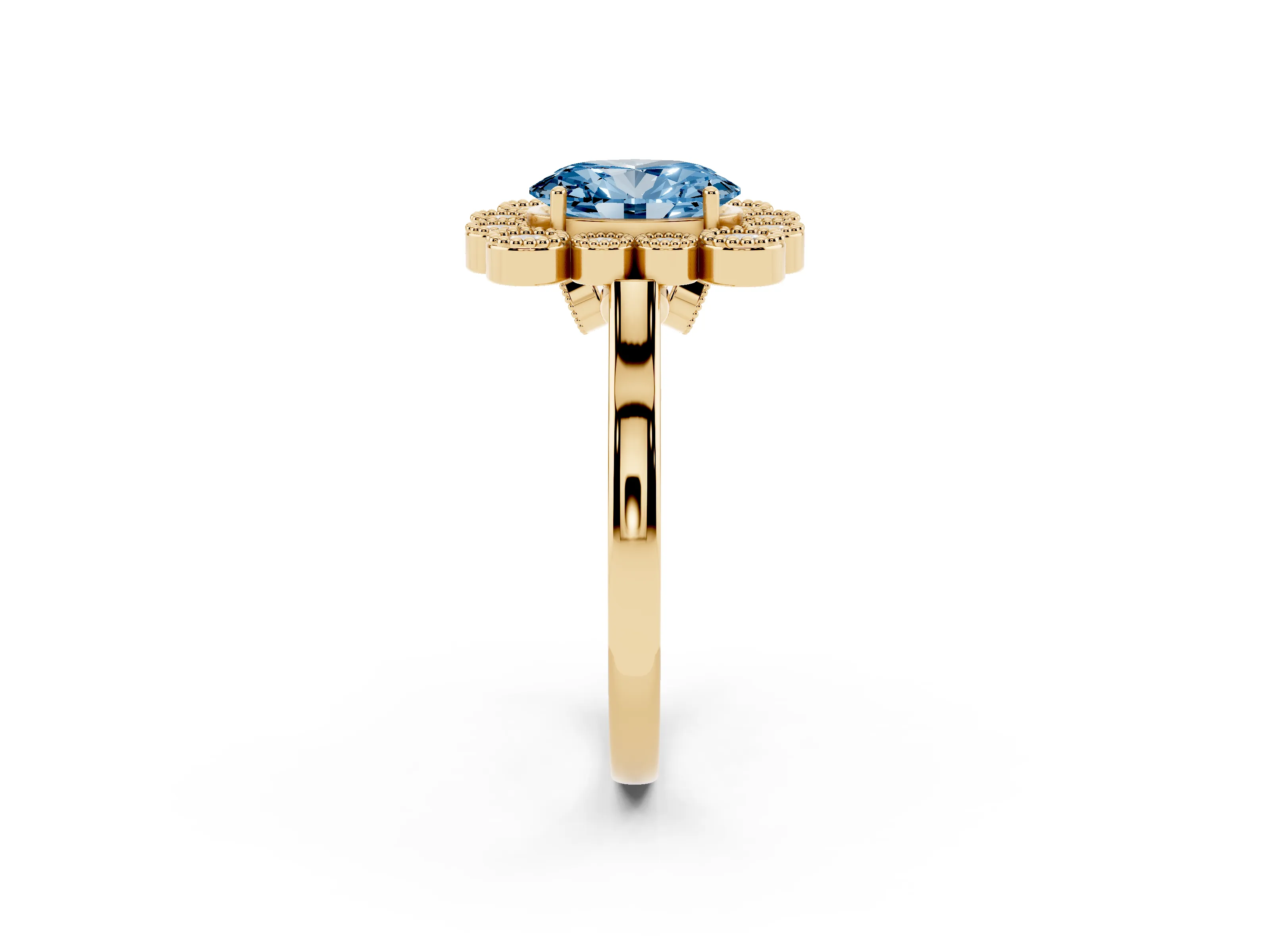 Fancy Blue Oval Cut Diamond Cluster Halo Ring Set in Yellow gold with Milgrain Bezel Accents and Plain Band