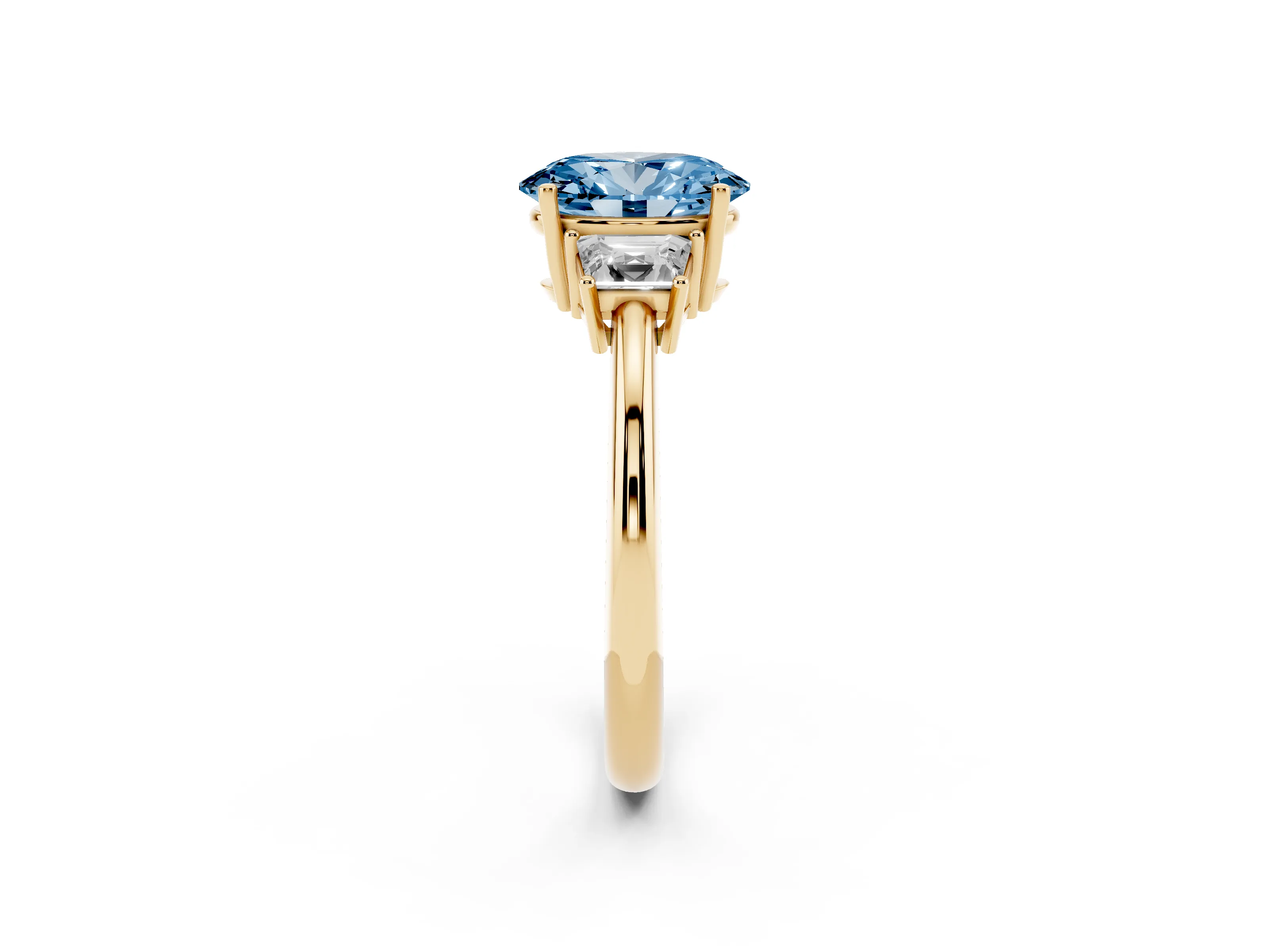Fancy Blue Oval Cut Diamond Three-Stone Ring Set in Yellow gold with Trapezoid Side Stones and Prong Setting
