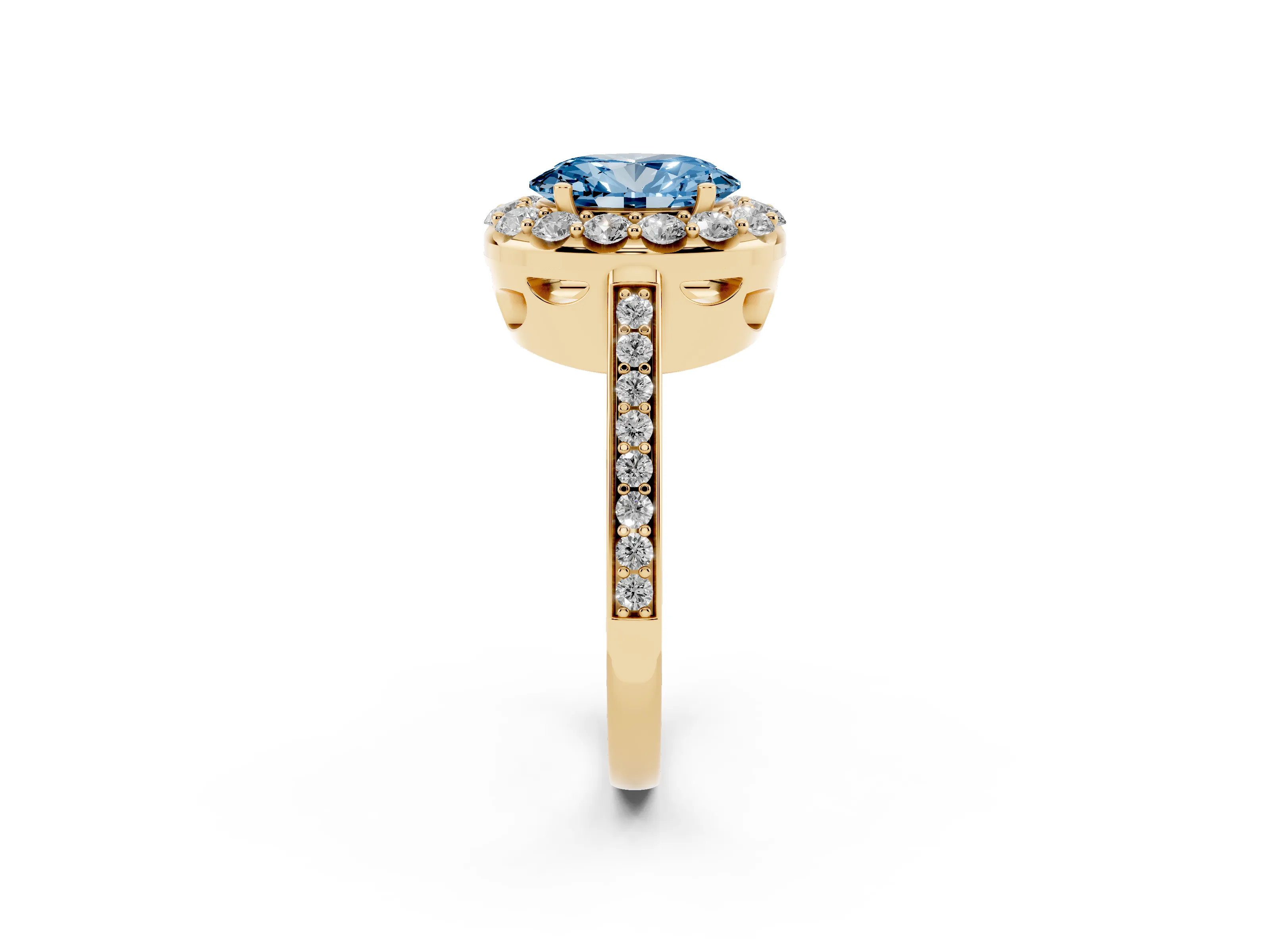 Fancy Blue Oval Cut Diamond Floral Halo Ring Set in Yellow gold with Pavé Band and Prong Setting
