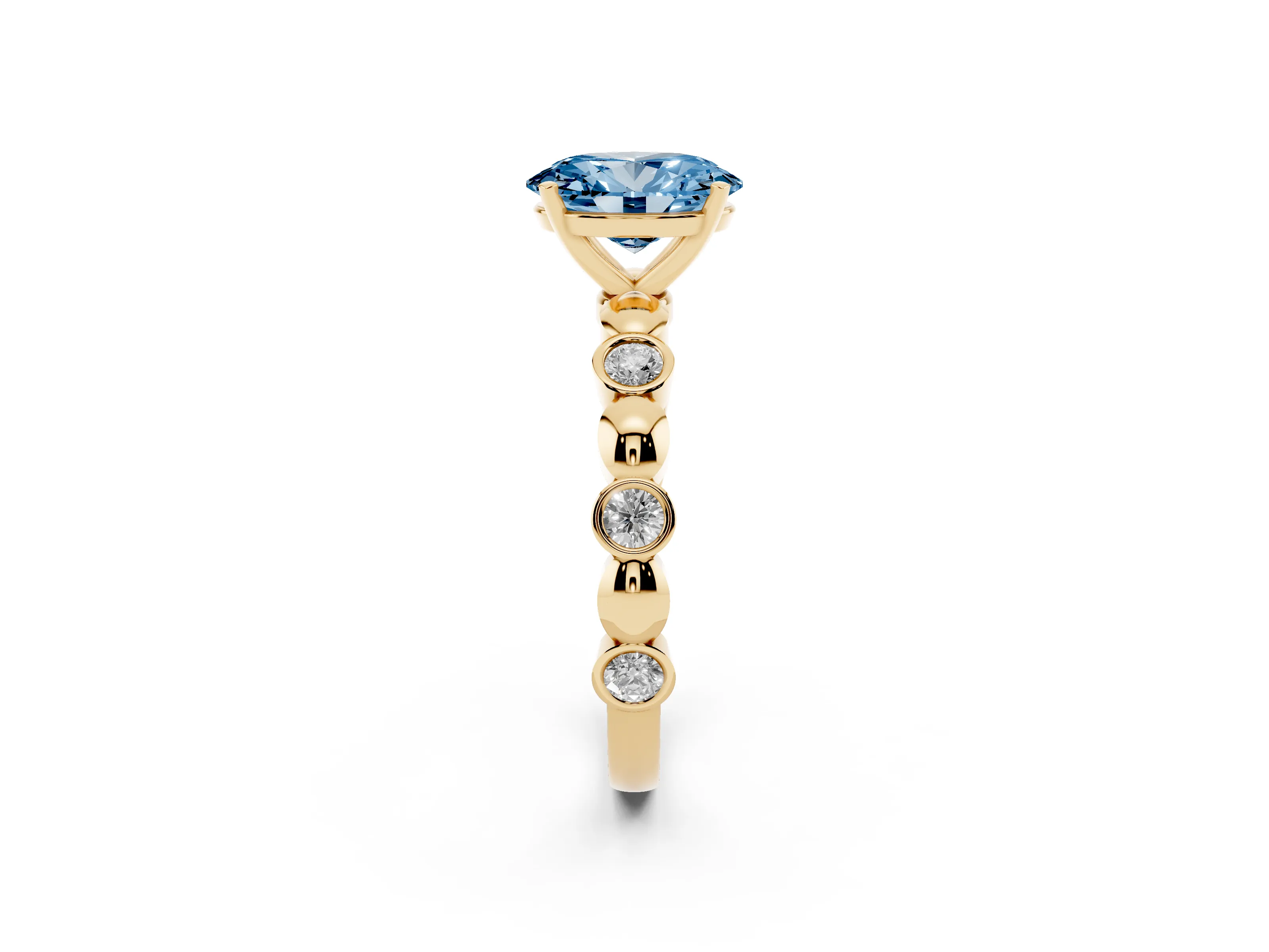 Fancy Blue Oval Cut Diamond Solitaire Ring Set in Yellow gold with Bezel-Set Accents on Beaded Band and Prong Setting