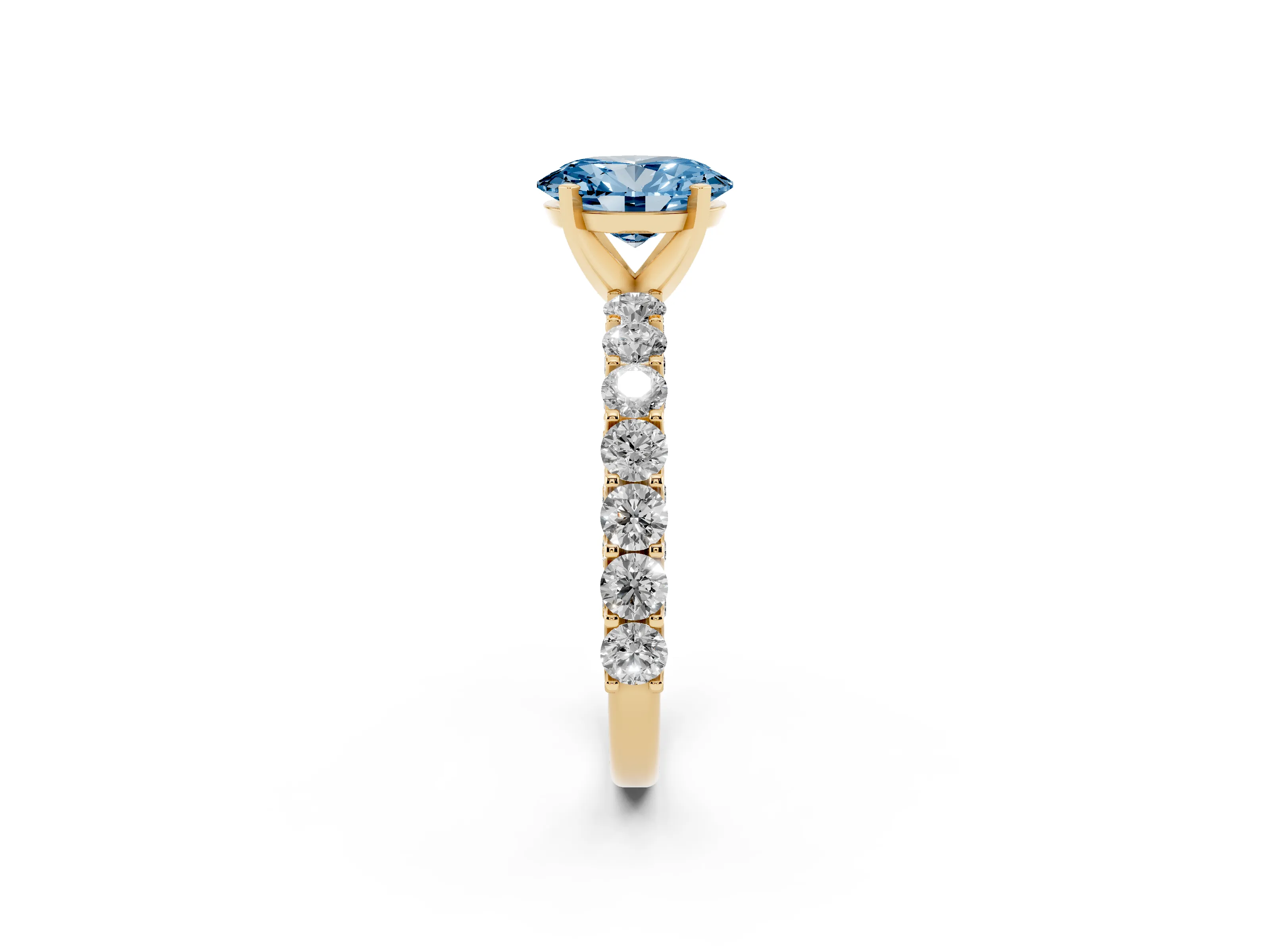 Fancy Blue Oval Cut Diamond Solitaire Ring Set in Yellow gold with Shared Prong Pavé Band