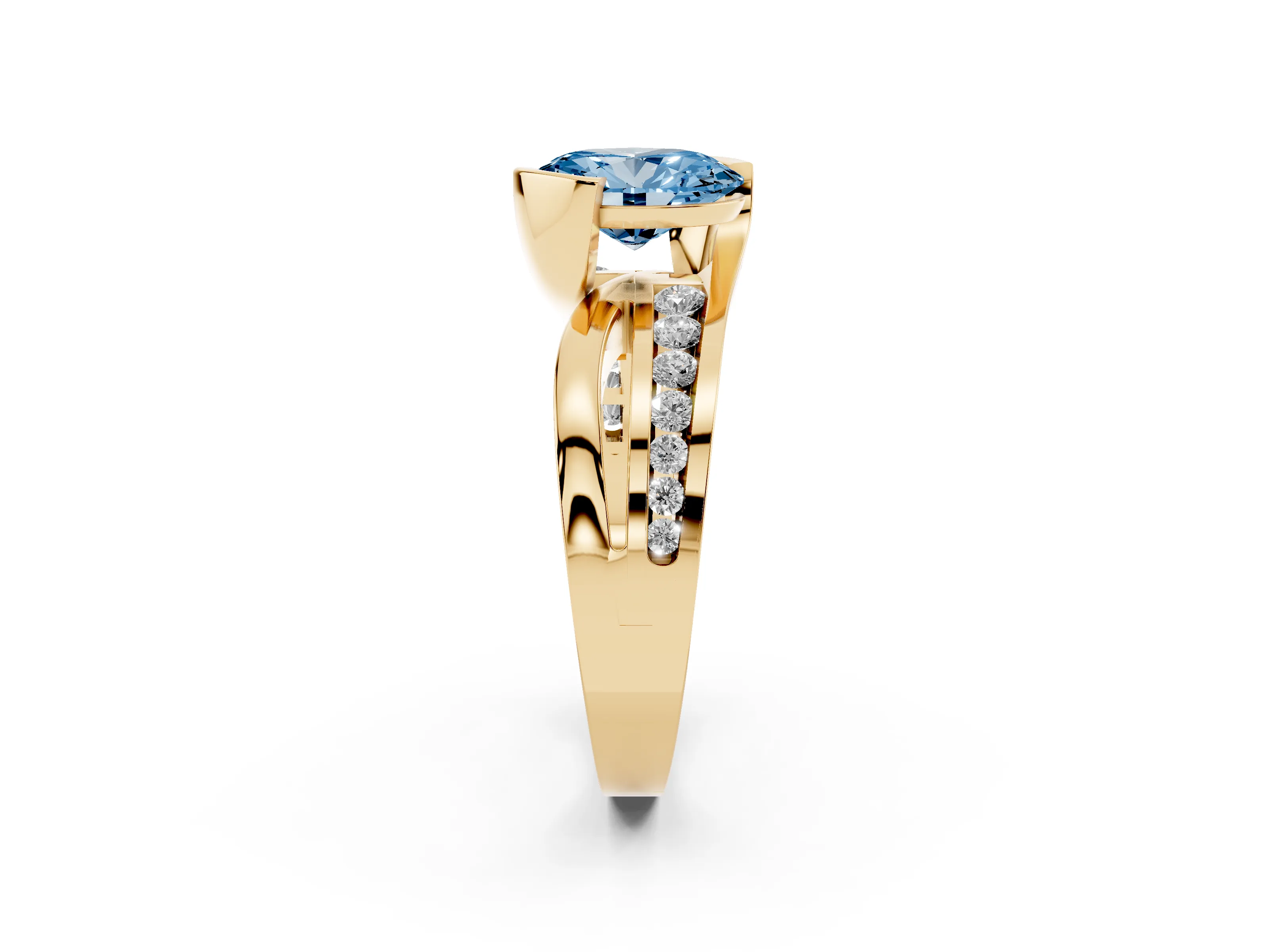 Fancy Blue Oval Cut Diamond Solitaire Ring Set in Yellow gold with Channel Set Split Shank and Tension Prongs