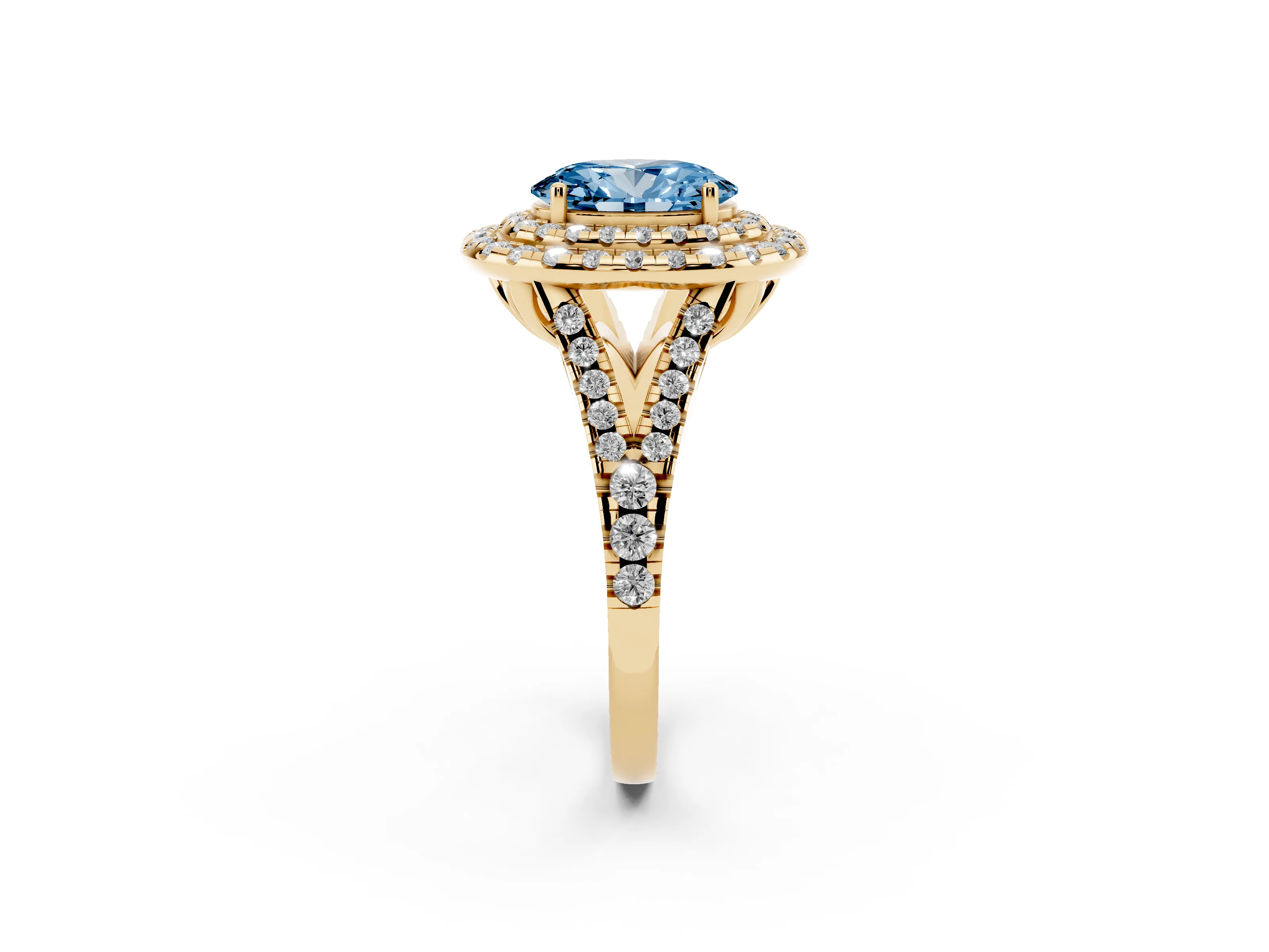 Fancy Blue Oval Cut Diamond Double Halo Ring Set in Yellow gold with Pavé Split Shank and Prong Setting
