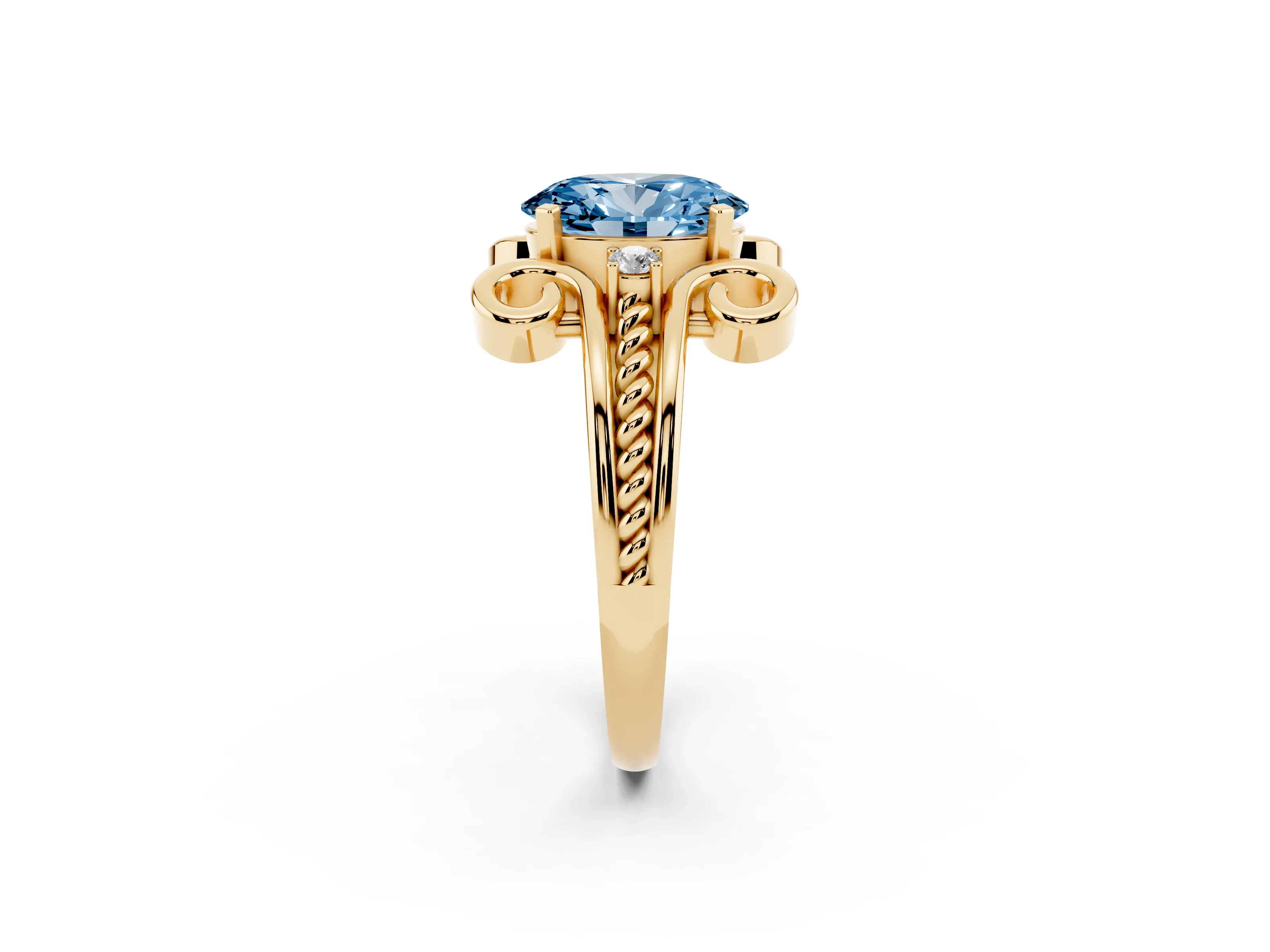 Fancy Blue Oval Cut Diamond Twisted Band Solitaire Ring Set in Yellow gold with Scroll Prongs