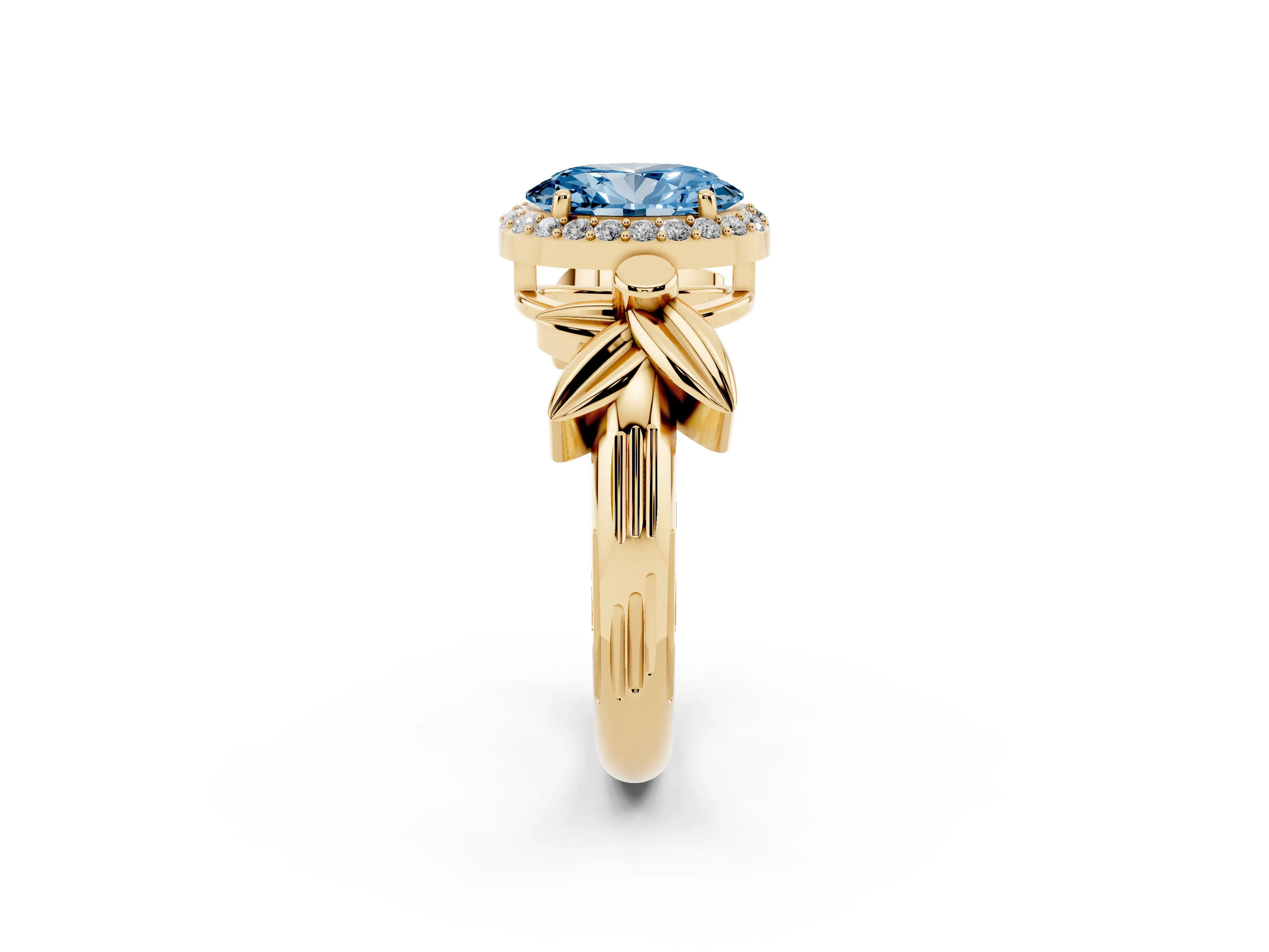 Fancy Blue Oval Cut Diamond Halo Floral Band Ring Set in Yellow gold with Prong Setting