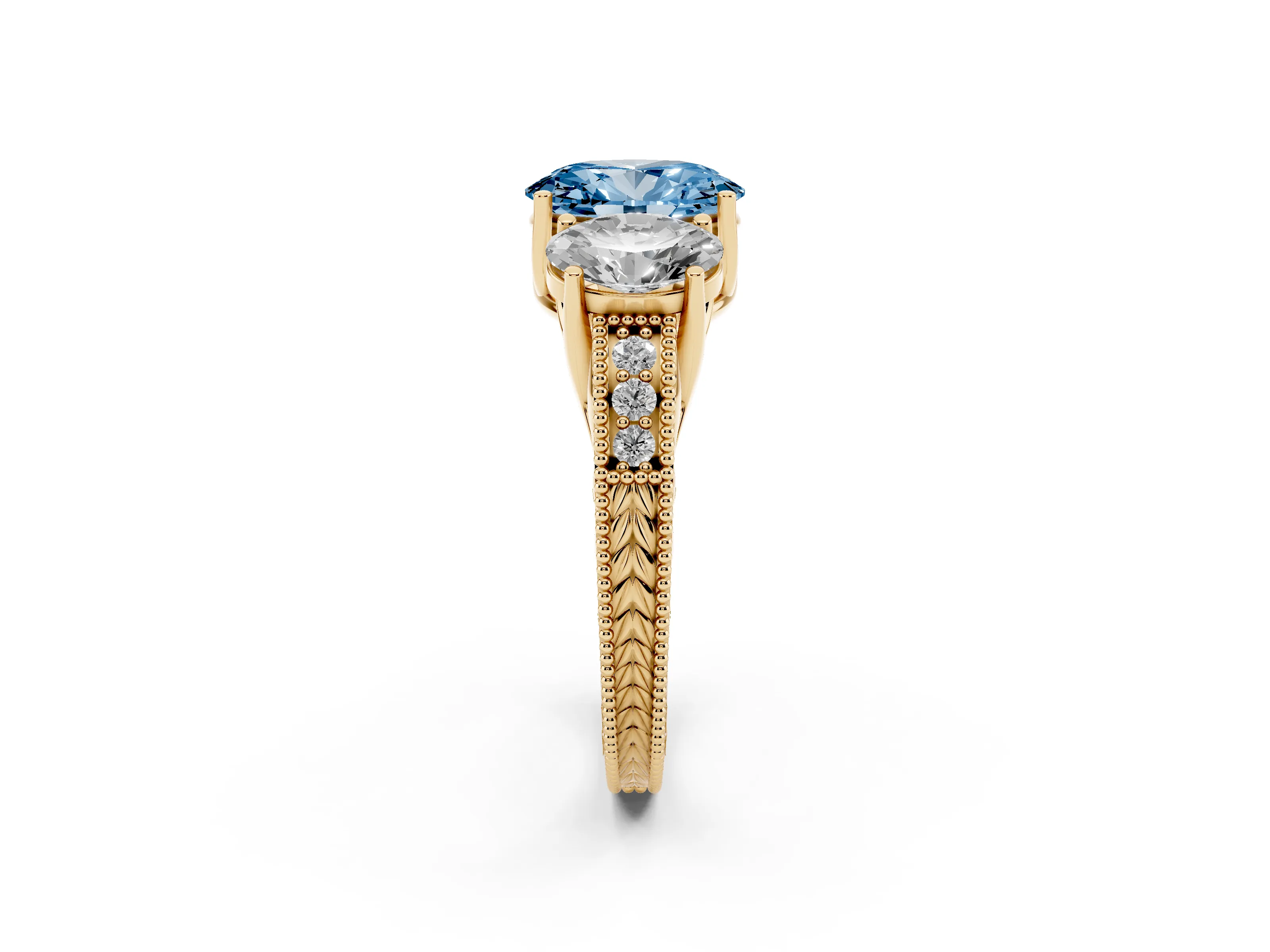 Fancy Blue Oval Cut Diamond Three-Stone Engagement Ring Set in Yellow gold with Milgrain Pavé Band