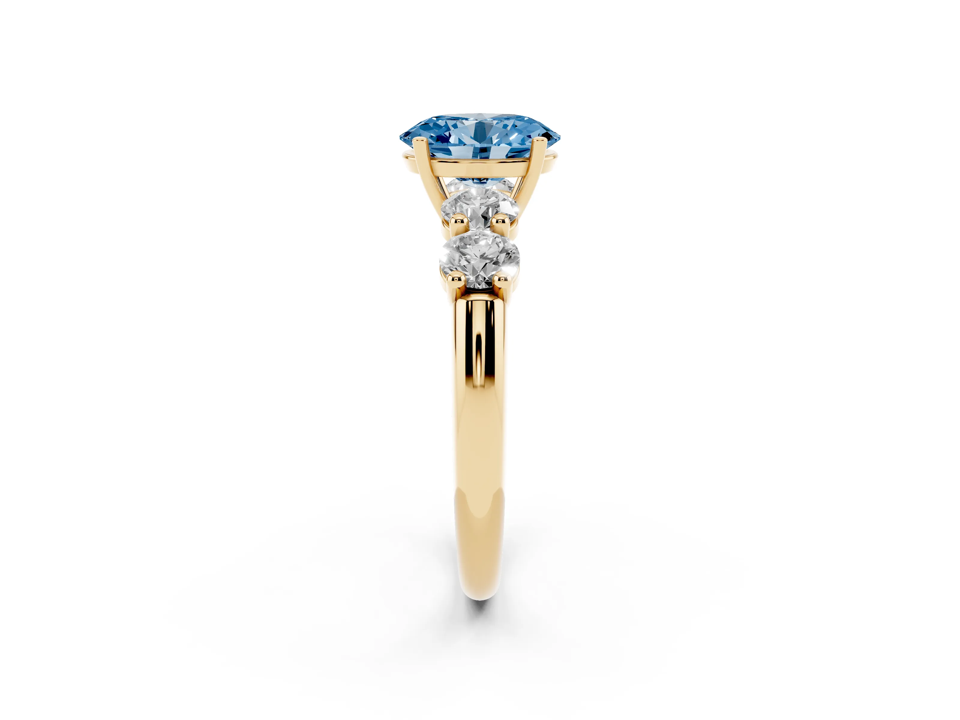 Fancy Blue Oval Cut Diamond Five-Stone Prong Set Ring Set in Yellow gold with Classic Band
