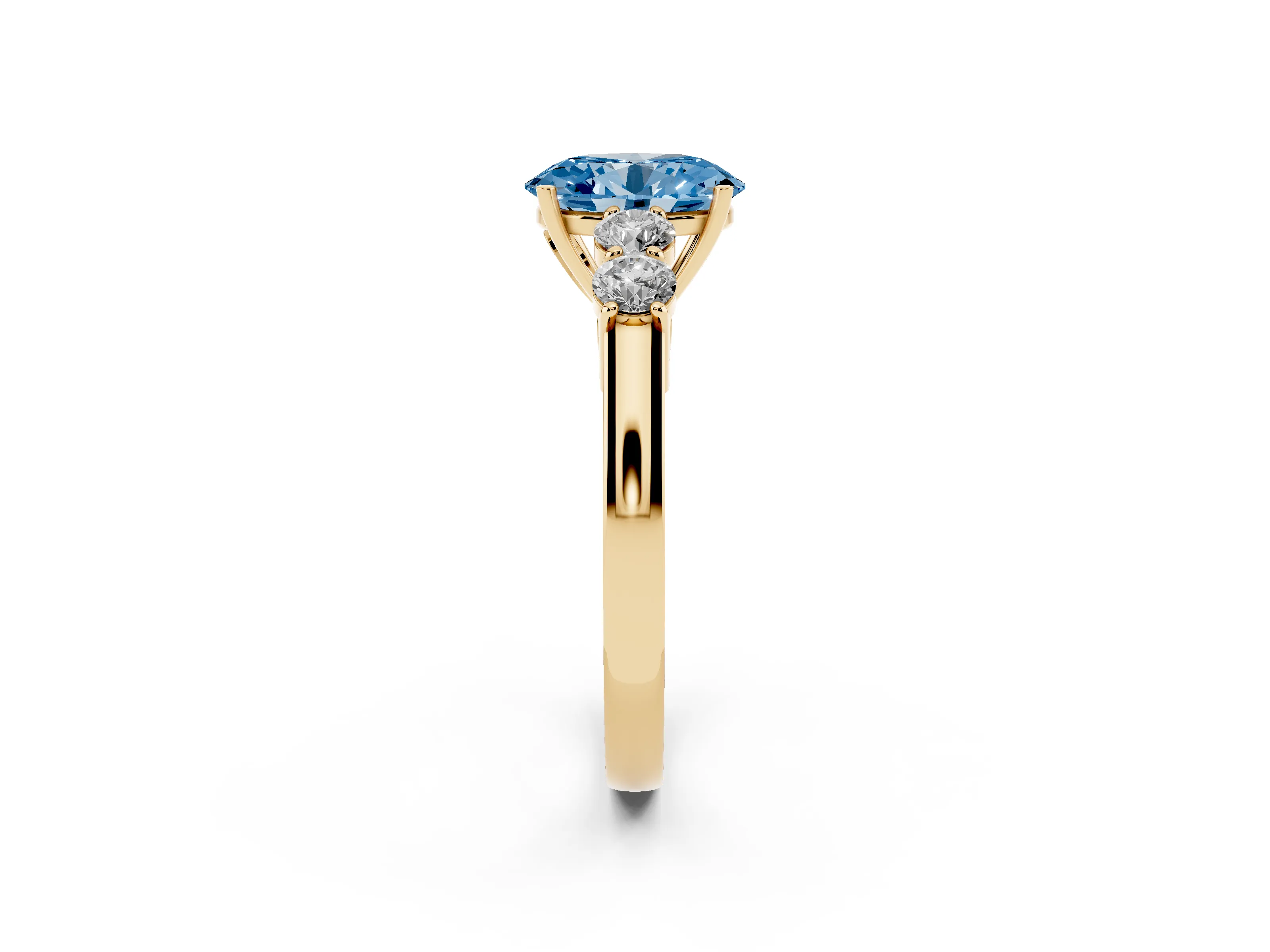 Fancy Blue Oval Cut Diamond Five-Stone Prong Set Band Ring Set in Yellow gold with Polished Band