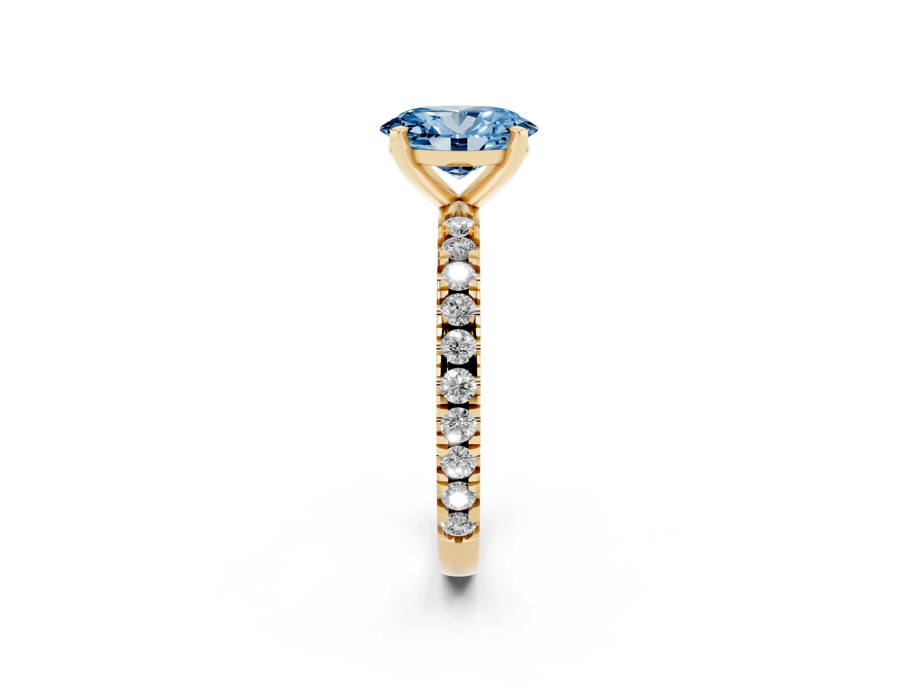 Fancy Blue Oval Cut Diamond Pavé Band Solitaire Set in Yellow gold with Prong Setting