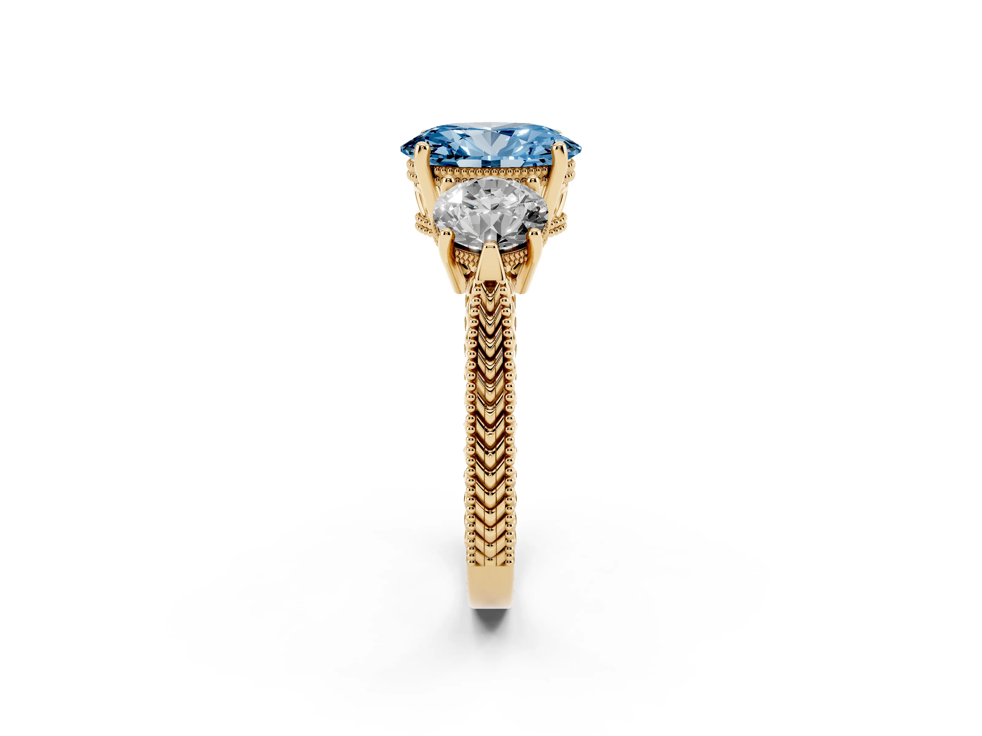 Fancy Blue Oval Cut Diamond Three-Stone Ring Set in Yellow gold with Milgrain Band