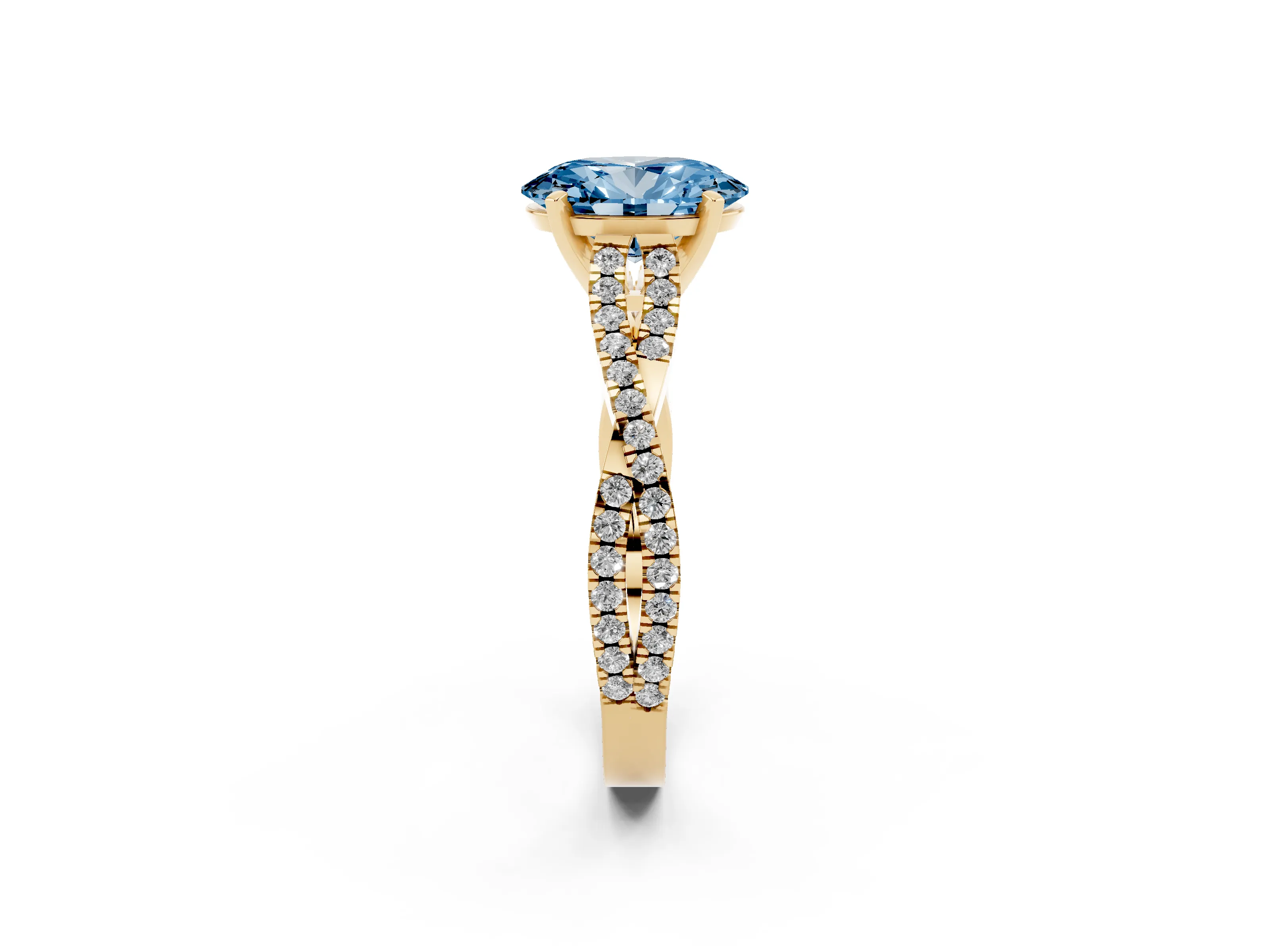 Fancy Blue Oval Cut Diamond Solitaire Engagement Ring Set in Yellow gold with Twisted Pavé Band and Prong Setting