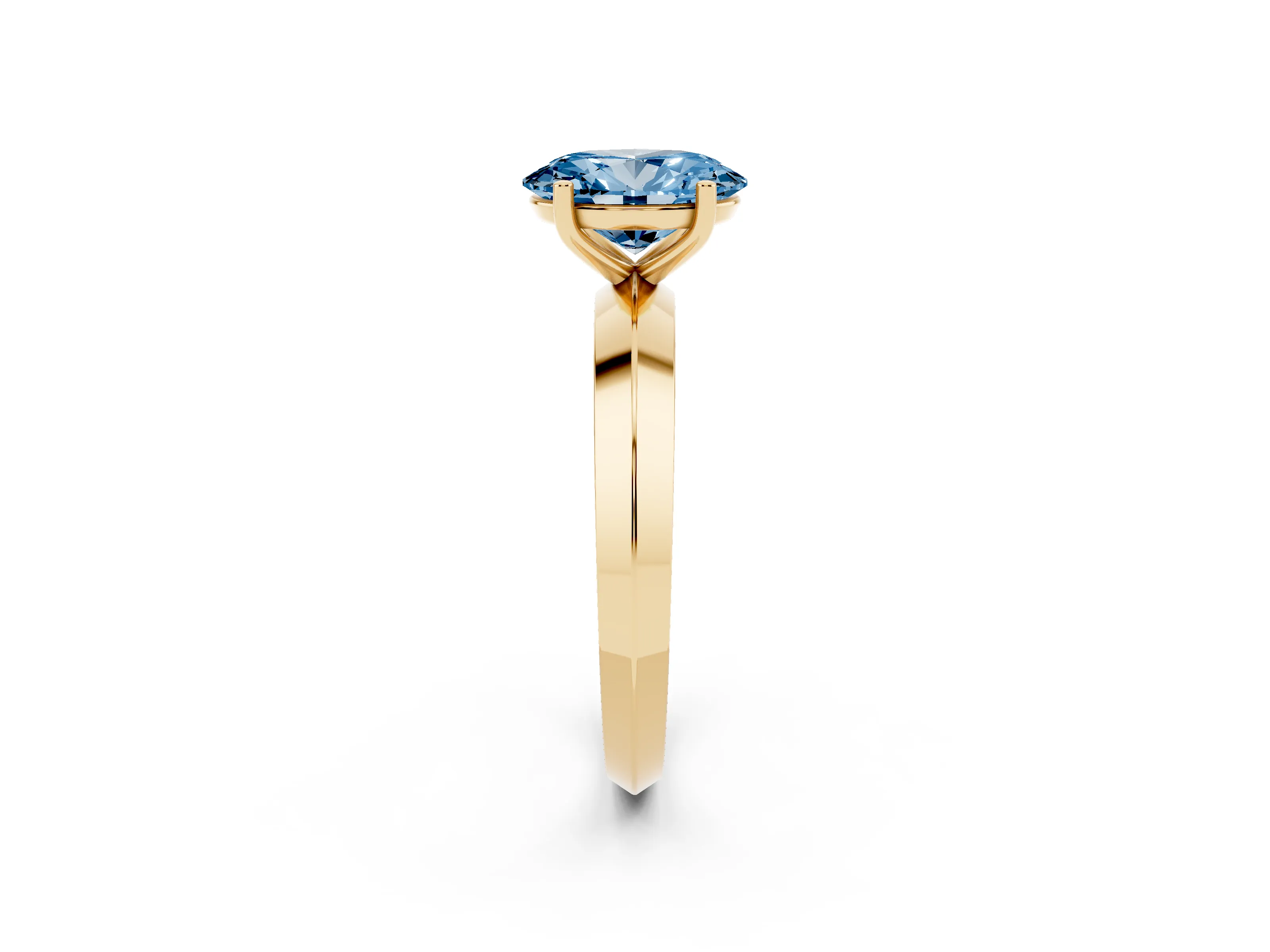 Fancy Blue Oval Cut Diamond Solitaire Engagement Ring Set in Yellow gold with Flat Band and Prong Setting