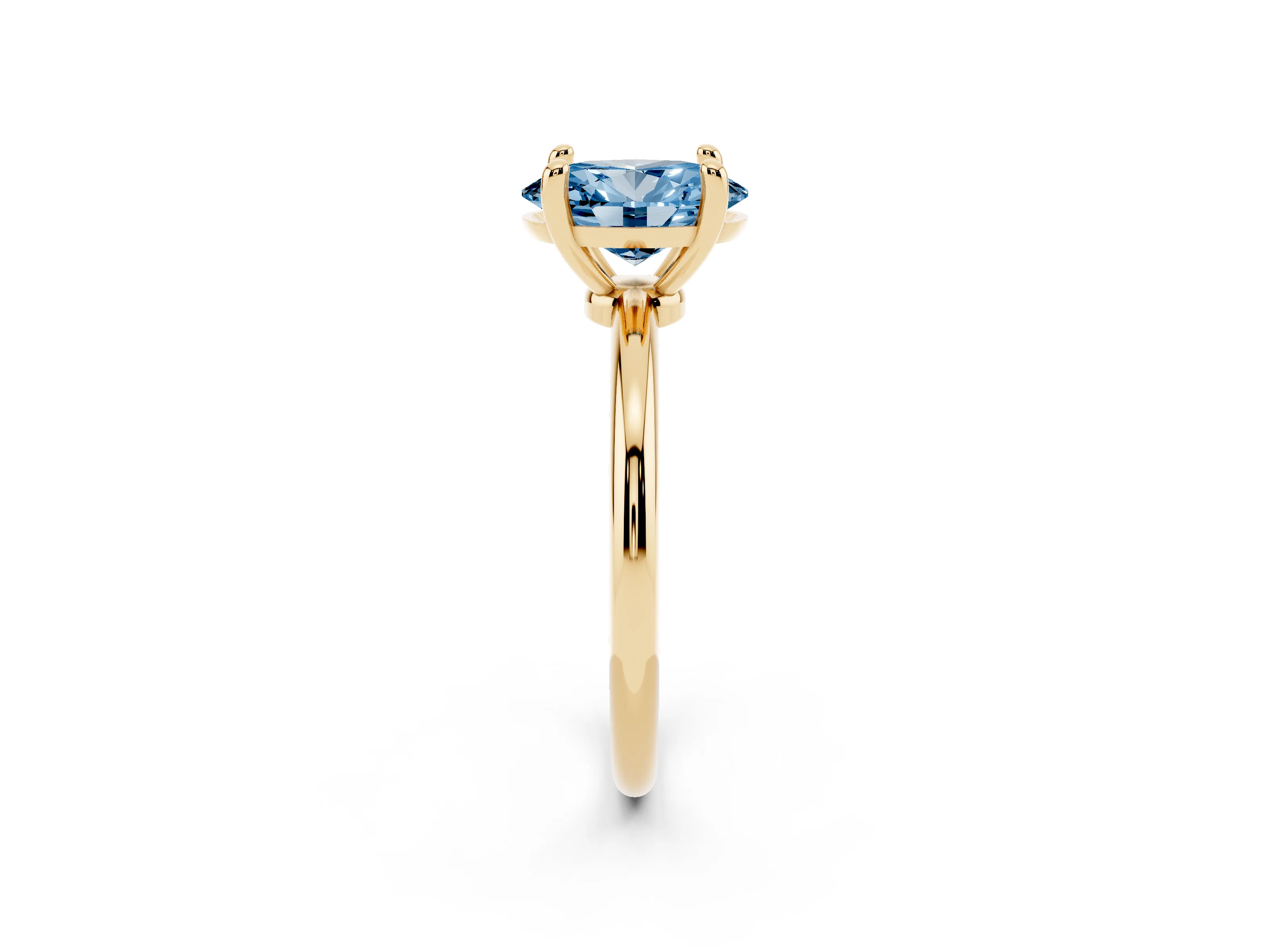 Fancy Blue Oval Cut Diamond Solitaire Ring Set in Yellow gold with Secure Prong Setting on a Classic Band