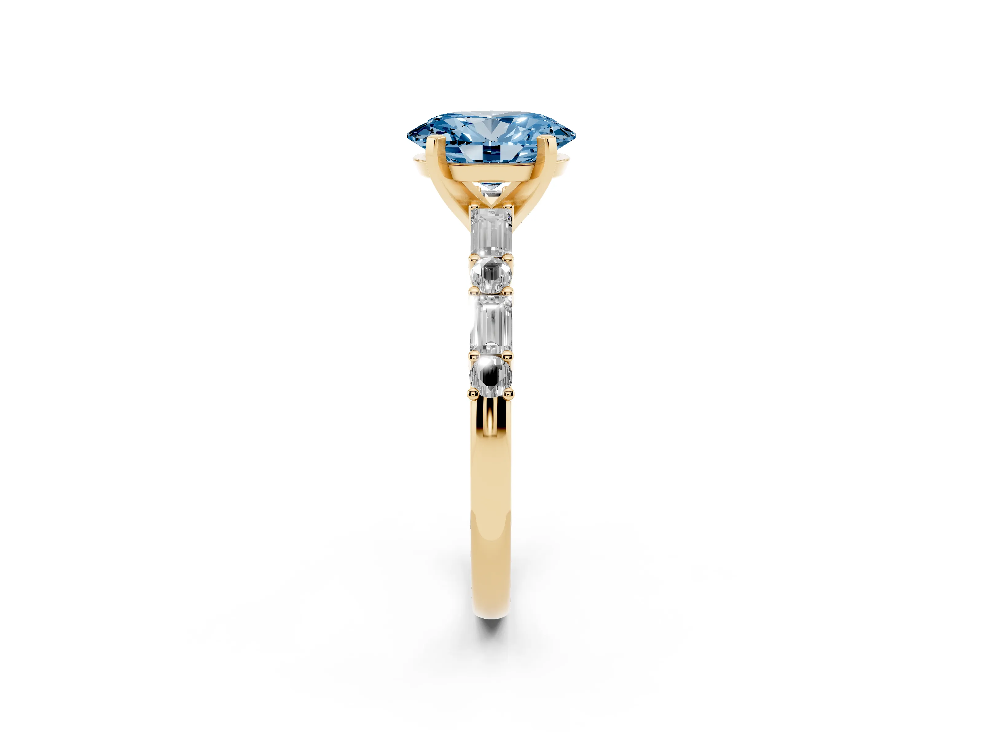 Fancy Blue Oval Cut Diamond Solitaire Set in Yellow gold with Side Baguettes and Channel Set Band
