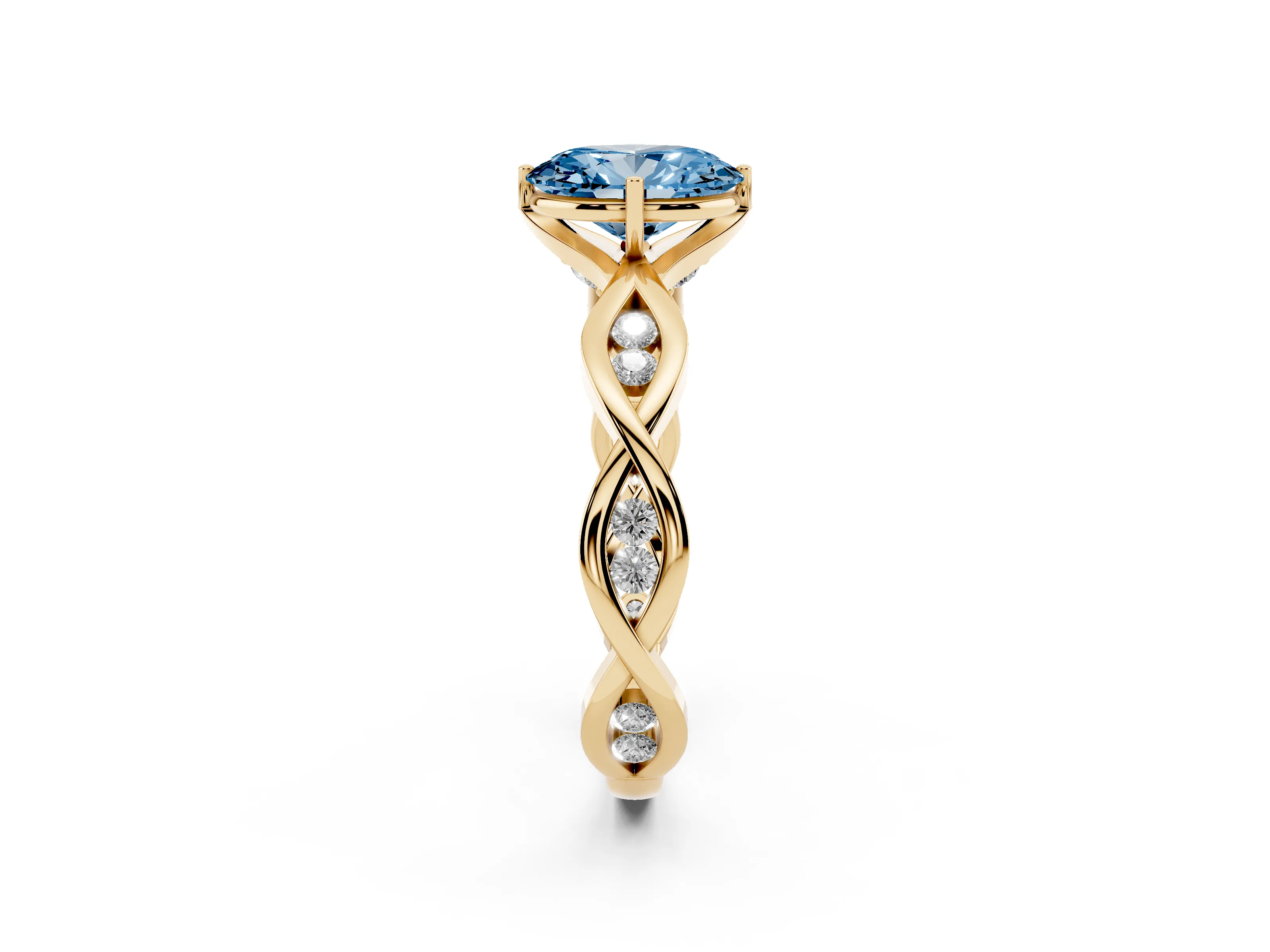 Fancy Blue Oval Cut Diamond Twist Band Solitaire Ring Set in Yellow gold with Leaf Prong Setting and Accent Stones