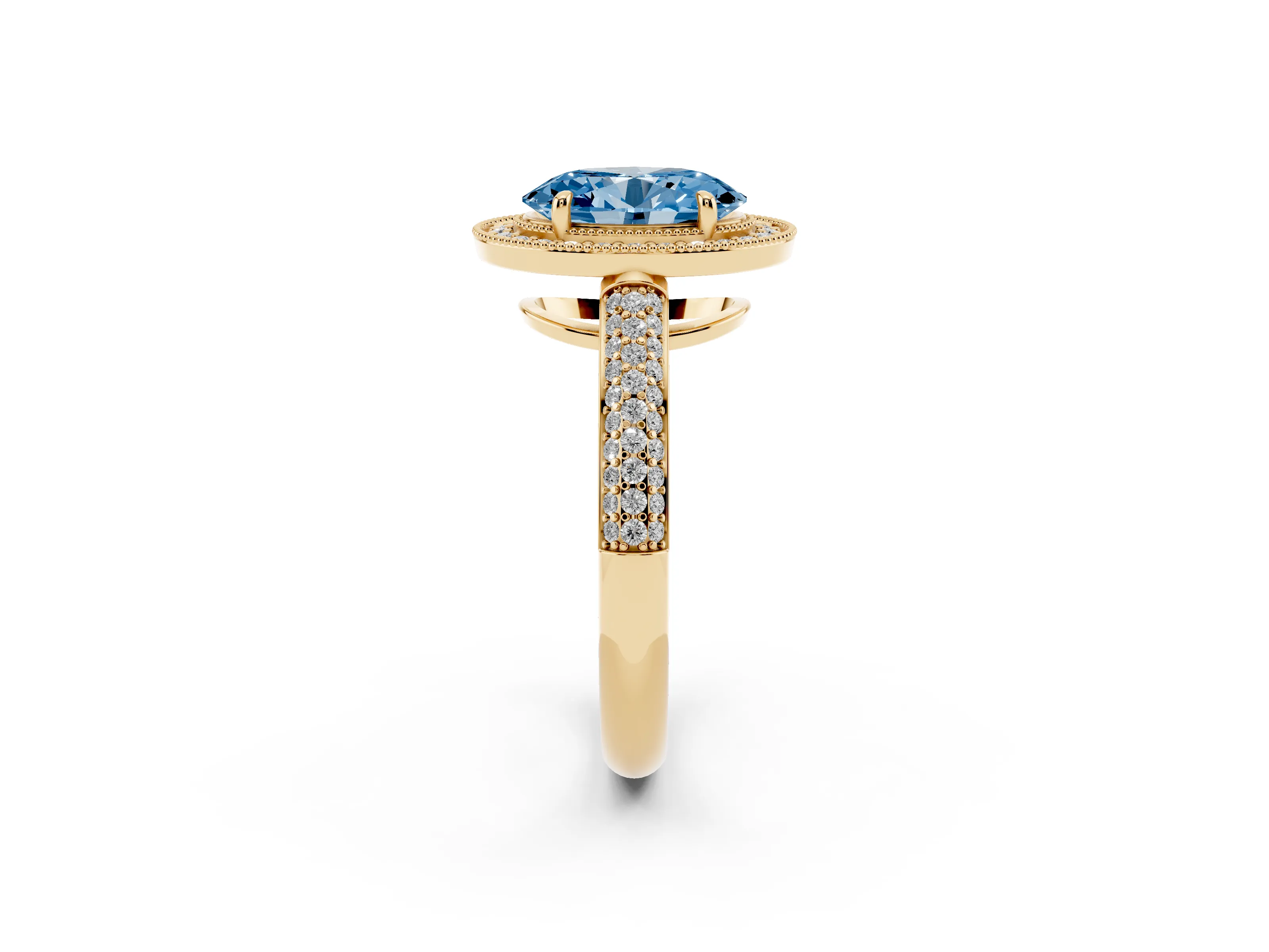 Fancy Blue Oval Cut Diamond Halo Pavé Band Set in Yellow gold with Prong Setting