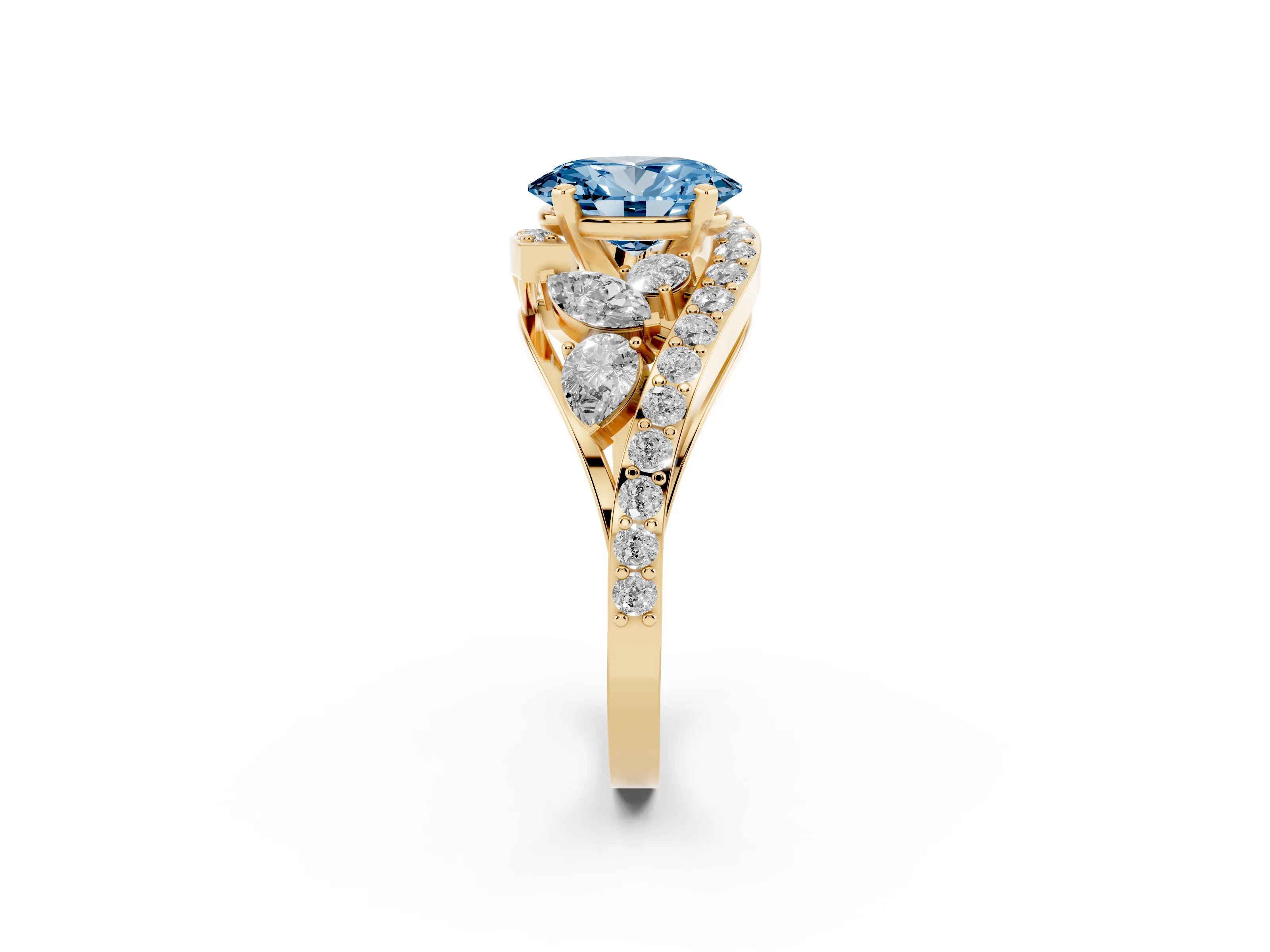Fancy Blue Oval Cut Diamond Halo Ring Set in Yellow gold with Marquise and Pavé Band in Prong Setting