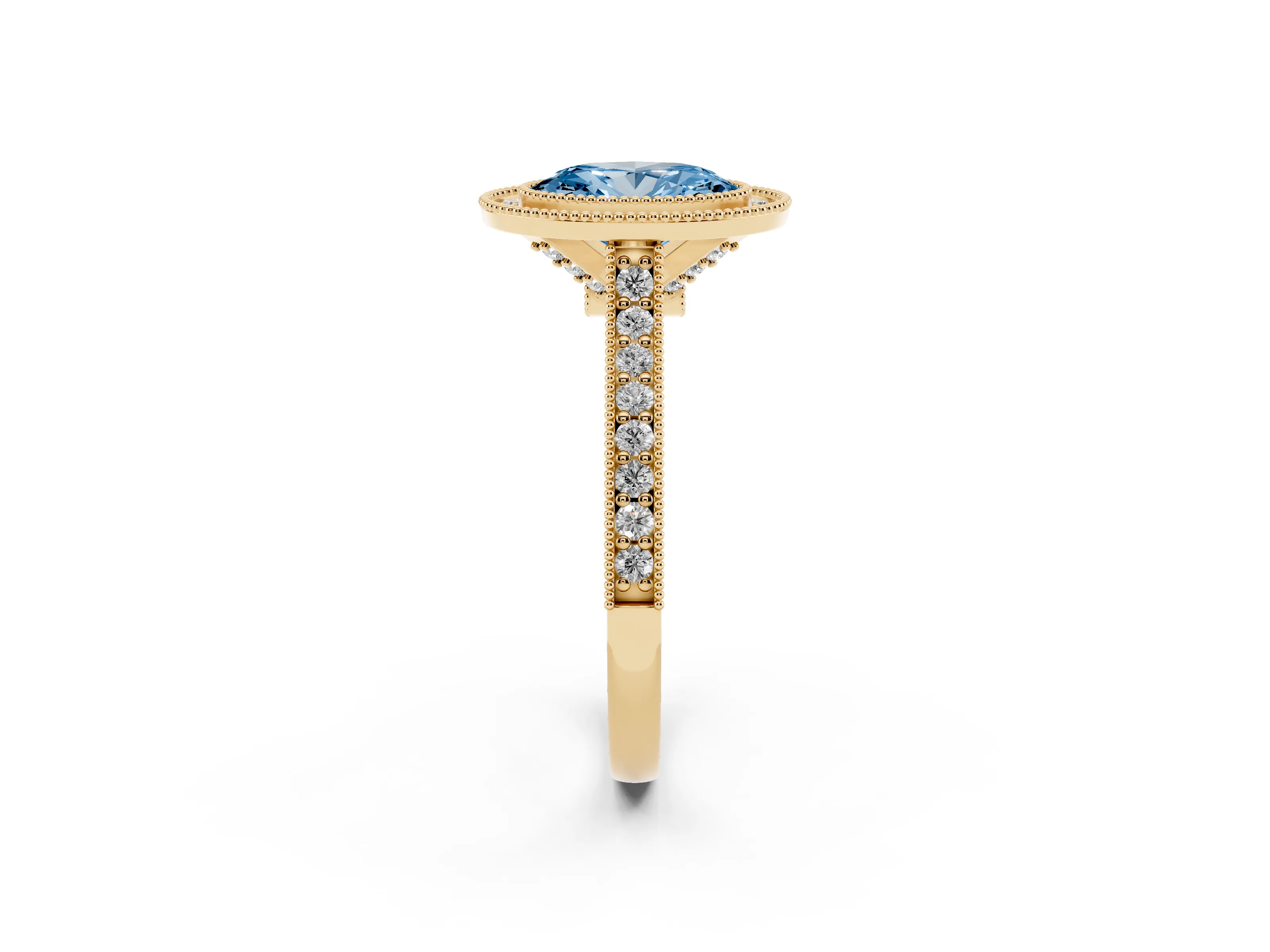 Fancy Blue Oval Cut Diamond Halo Milgrain Pavé Band Ring Set in Yellow gold with Prong Setting