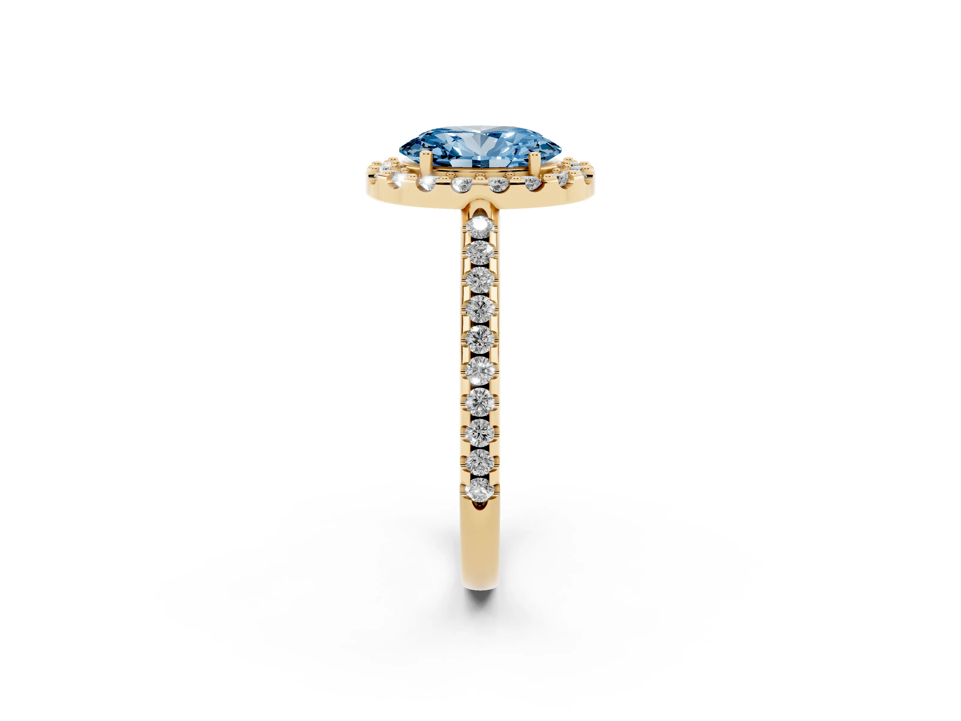 Fancy Blue Oval Cut Diamond Pavé Halo Ring Set in Yellow gold with Prong Setting