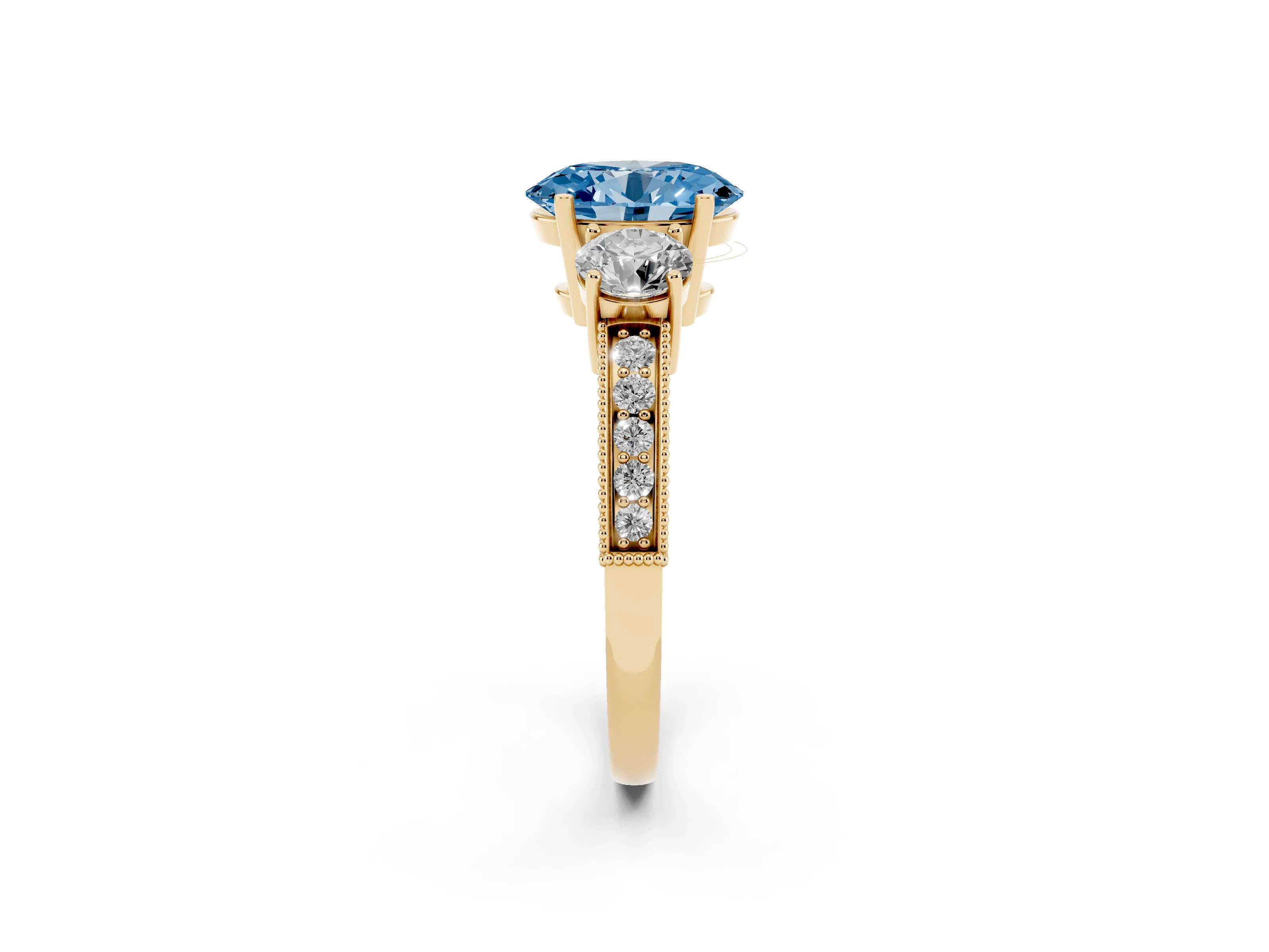 Fancy Blue Oval Cut Diamond Three-Stone Ring Set in Yellow gold with Round Side Stones and Pavé Band
