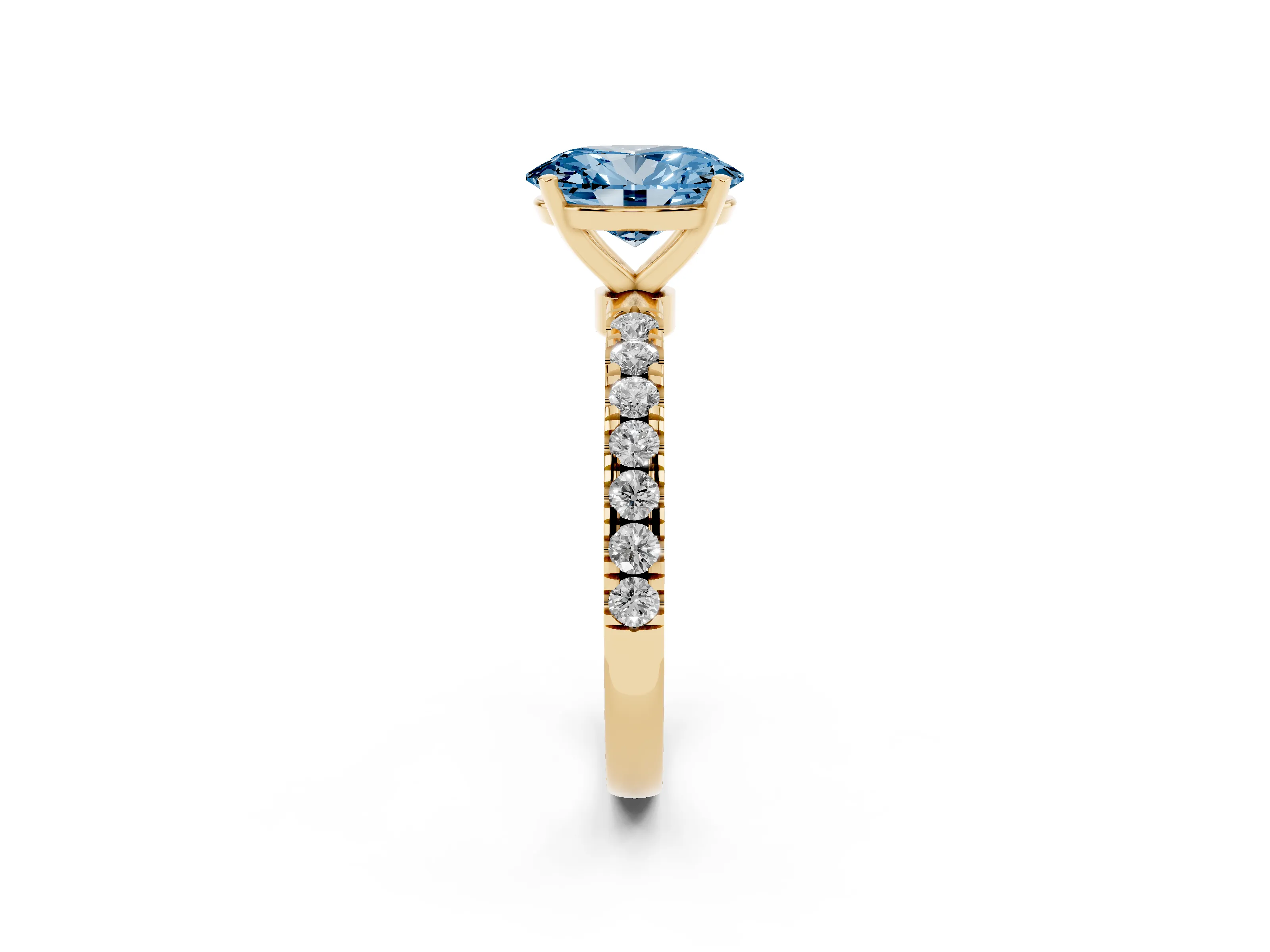 Fancy Blue Oval Cut Diamond Solitaire Ring Set in Yellow gold with Pavé Accents and Prong Setting