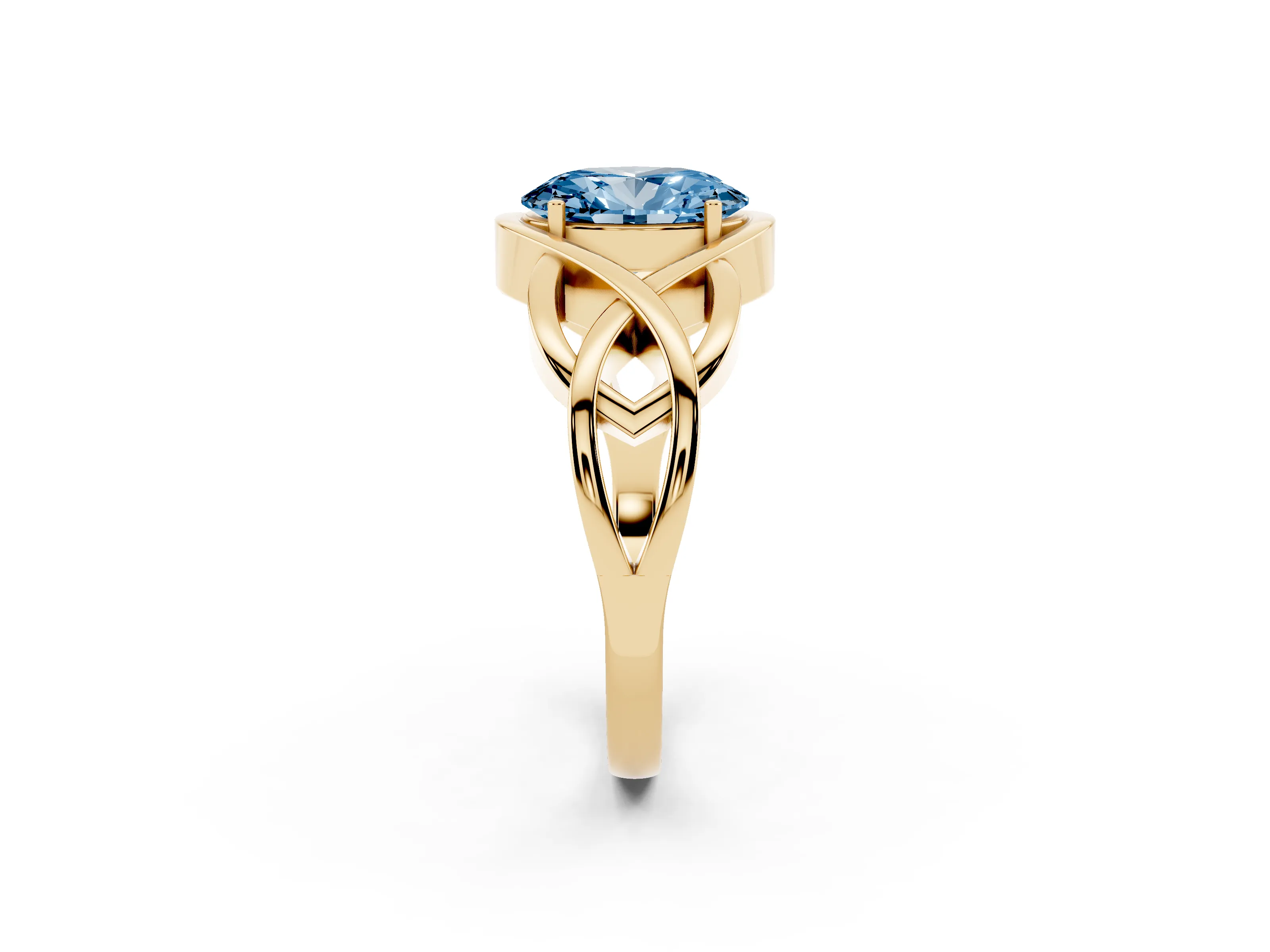 Fancy Blue Oval Cut Diamond Solitaire Ring Set in Yellow gold with Intertwined Band