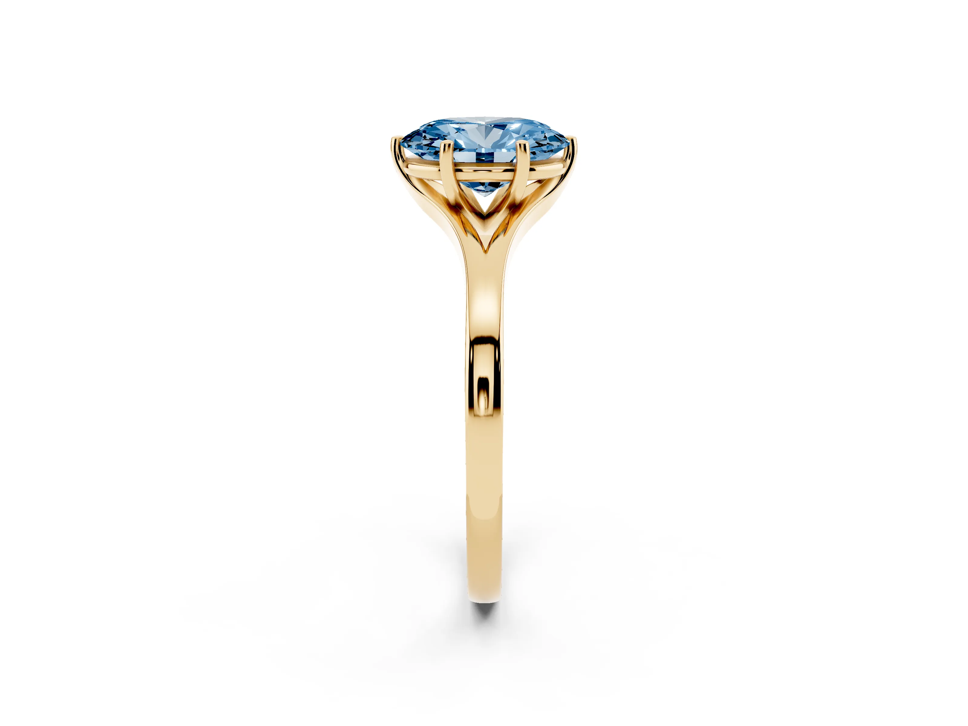 Fancy Blue Oval Cut Diamond Solitaire Ring Set in Yellow gold with Polished Tapered Band and Prong Setting