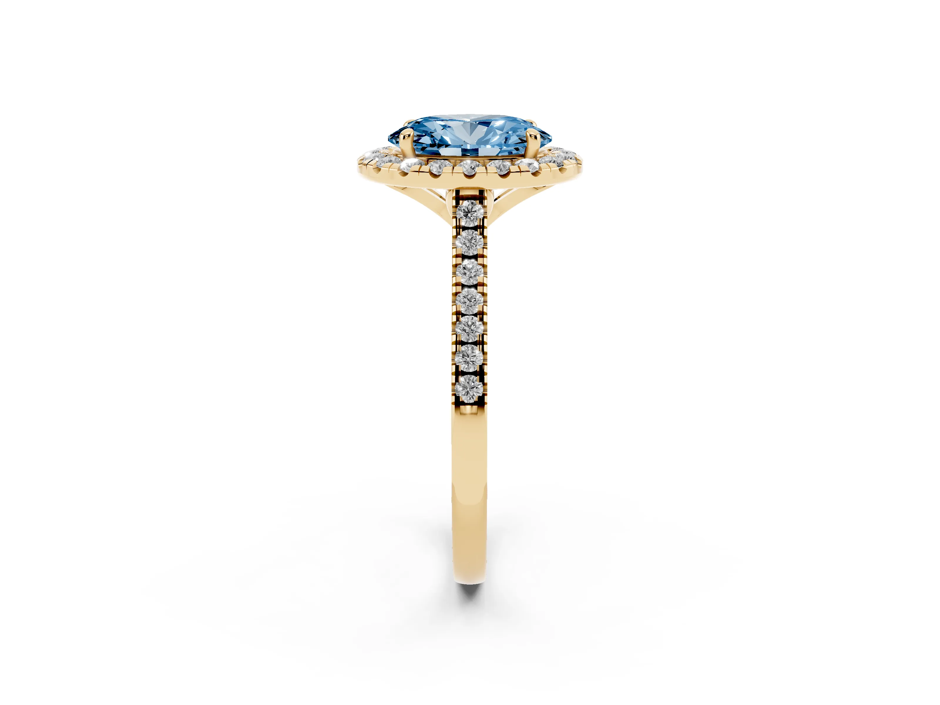 Fancy Blue Oval Cut Diamond Cushion Halo Ring Set in Yellow gold with Pavé Band