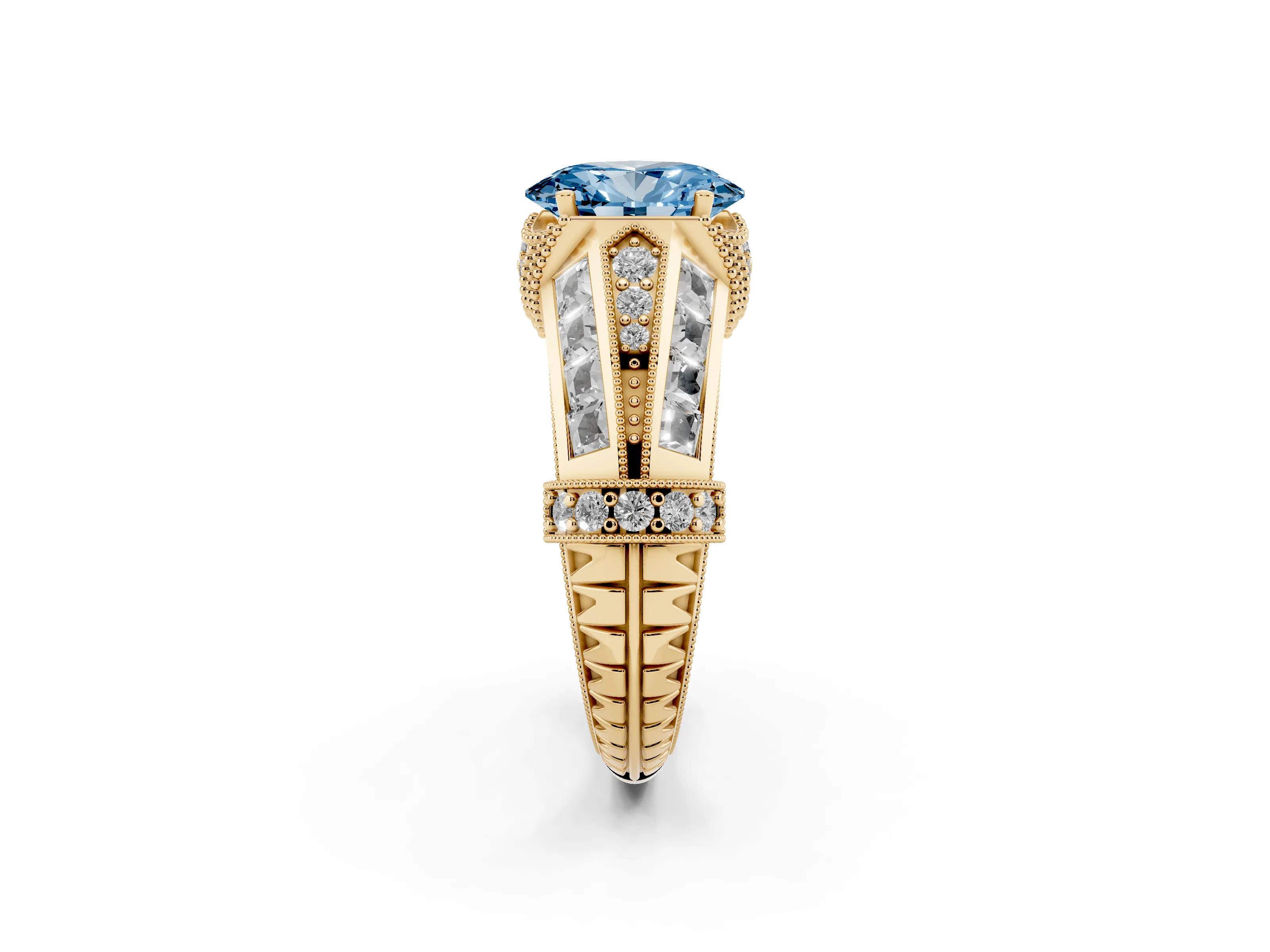 Fancy Blue Oval Cut Diamond Vintage-Inspired Milgrain Ring Set in Yellow gold with Accent Split Shank