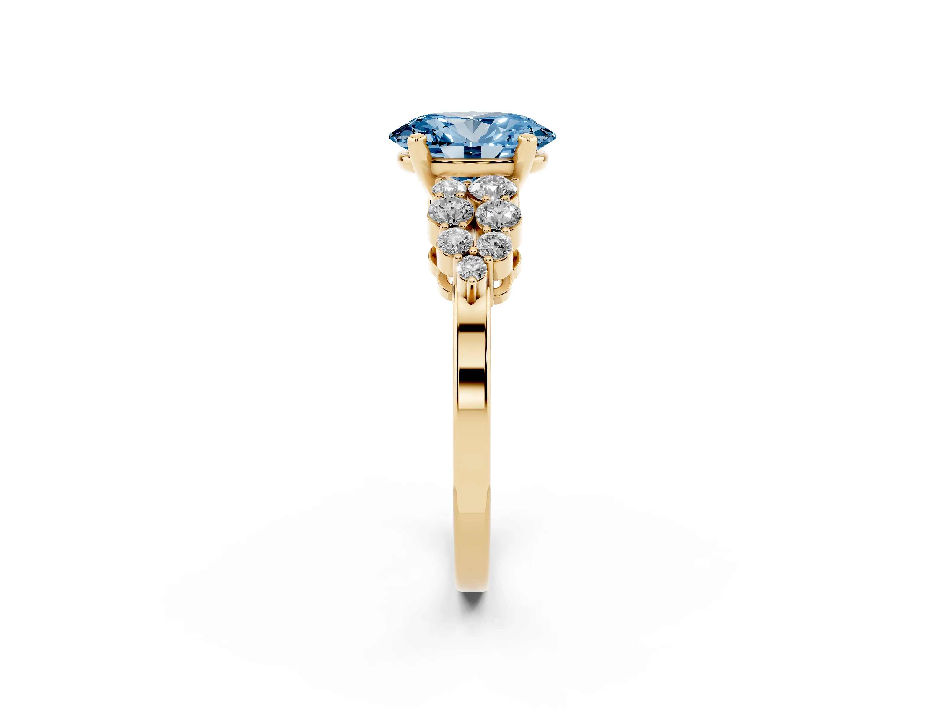 Fancy Blue Oval Cut Diamond Cluster Engagement Ring Set in Yellow gold with Pavé Band and Prong Setting