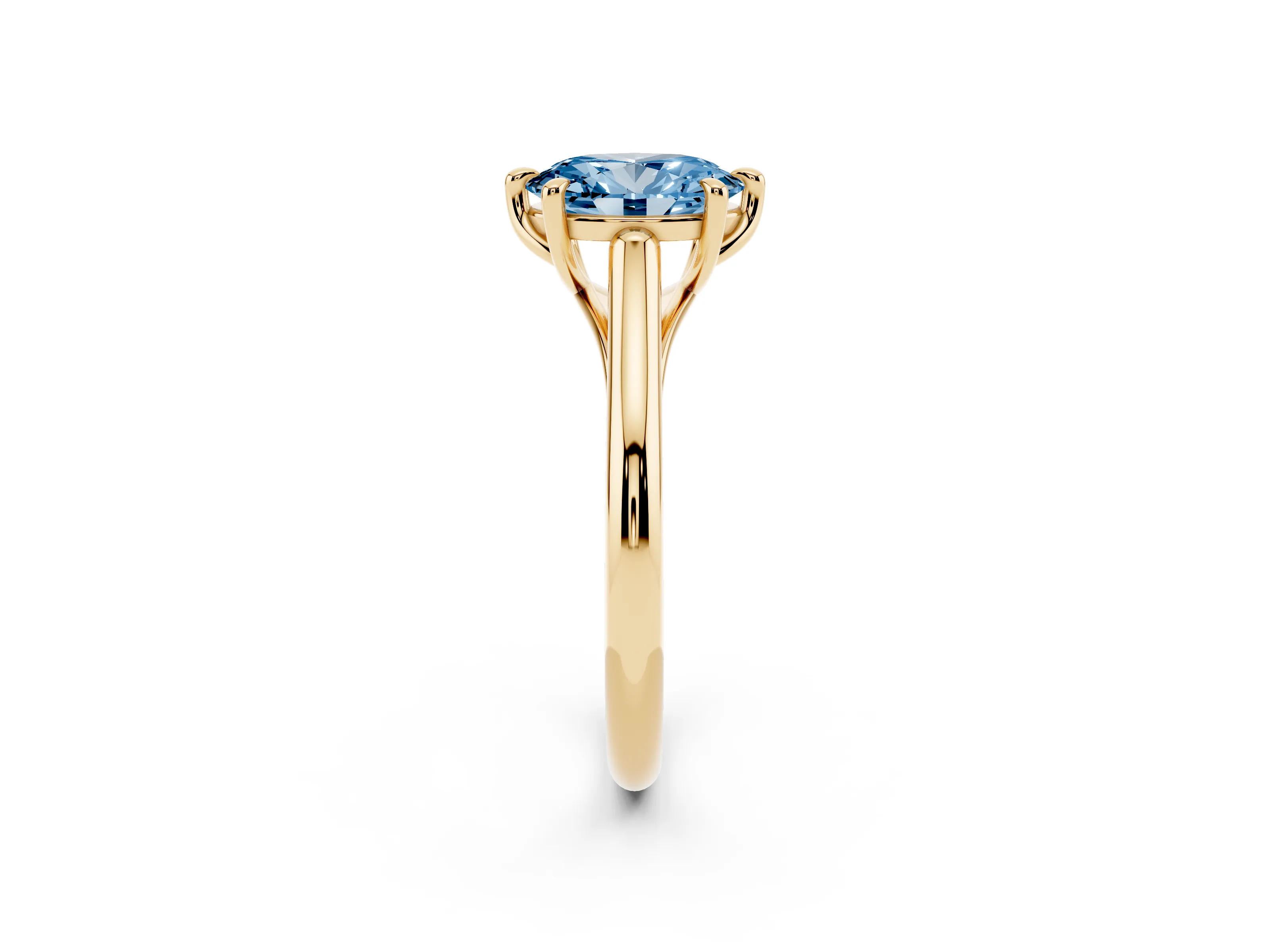 Fancy Blue Oval Cut Diamond Solitaire Engagement Ring Set in Yellow gold with Prong Setting and Plain Classic Band