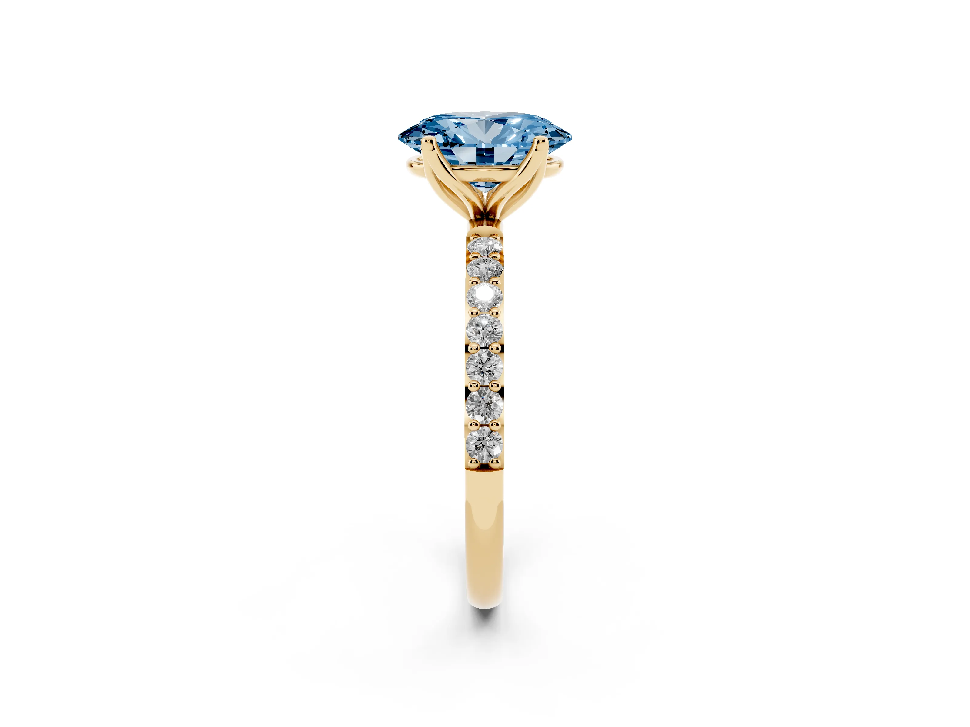 Fancy Blue Oval Cut Diamond Solitaire Engagement Ring Set in Yellow gold with Round Pavé Band and Prong Setting