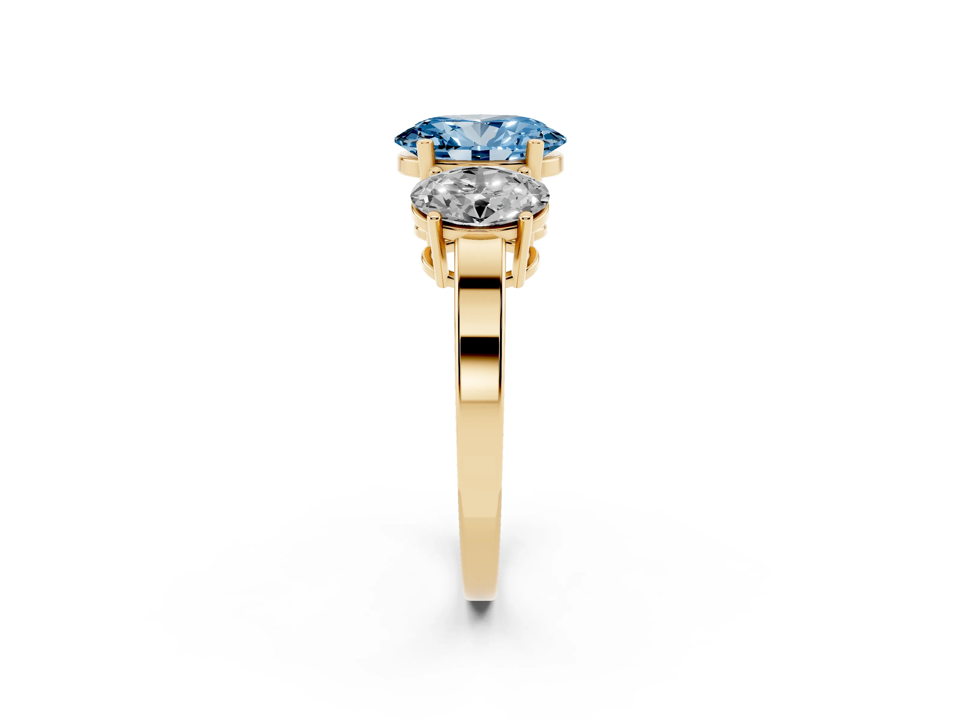 Fancy Blue Oval Cut Diamond Three-Stone Engagement Ring Set in Yellow gold with Flat Band