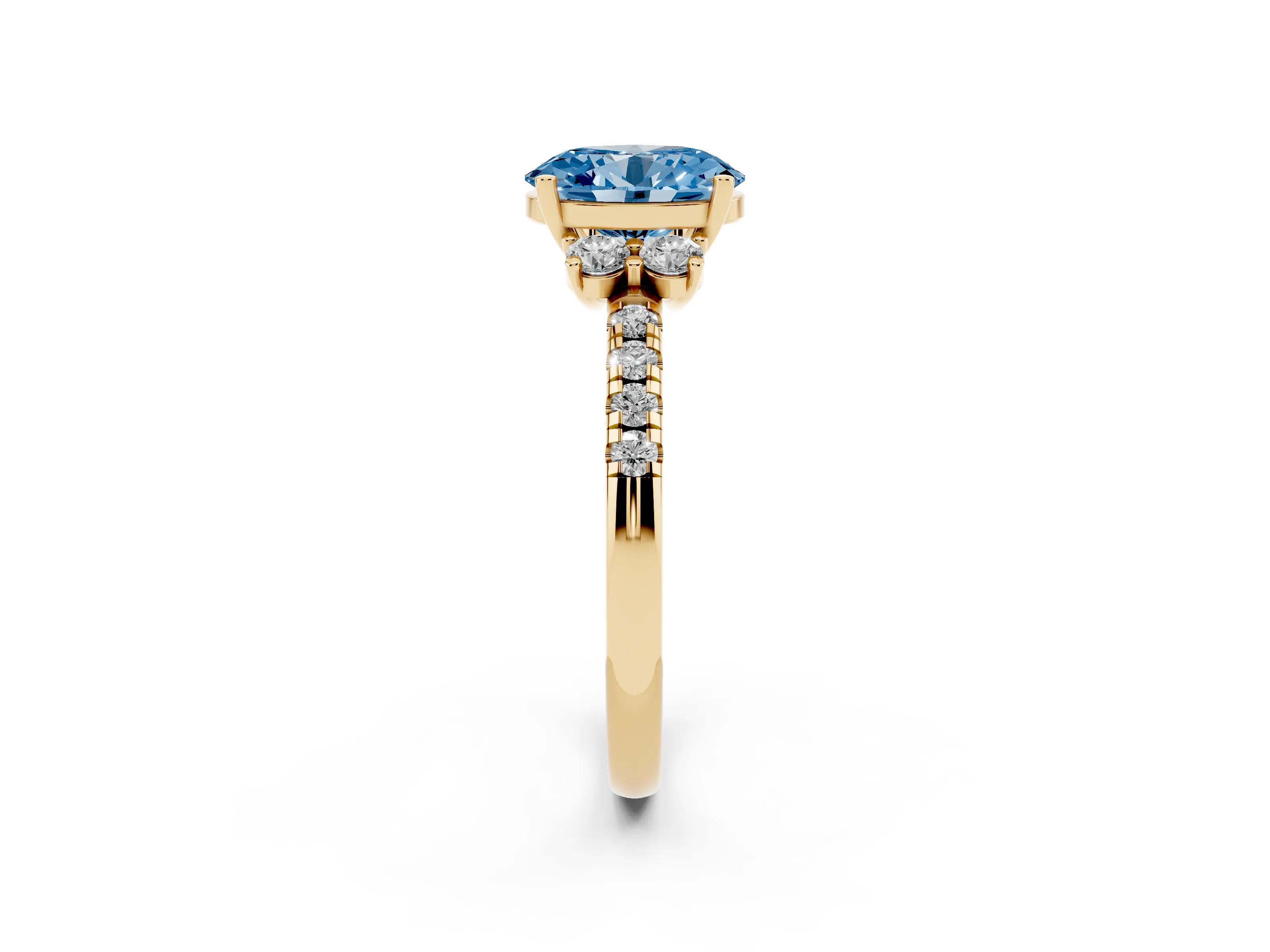 Fancy Blue Oval Cut Diamond Three-Stone Pavé Ring Set in Yellow gold with Prong Setting