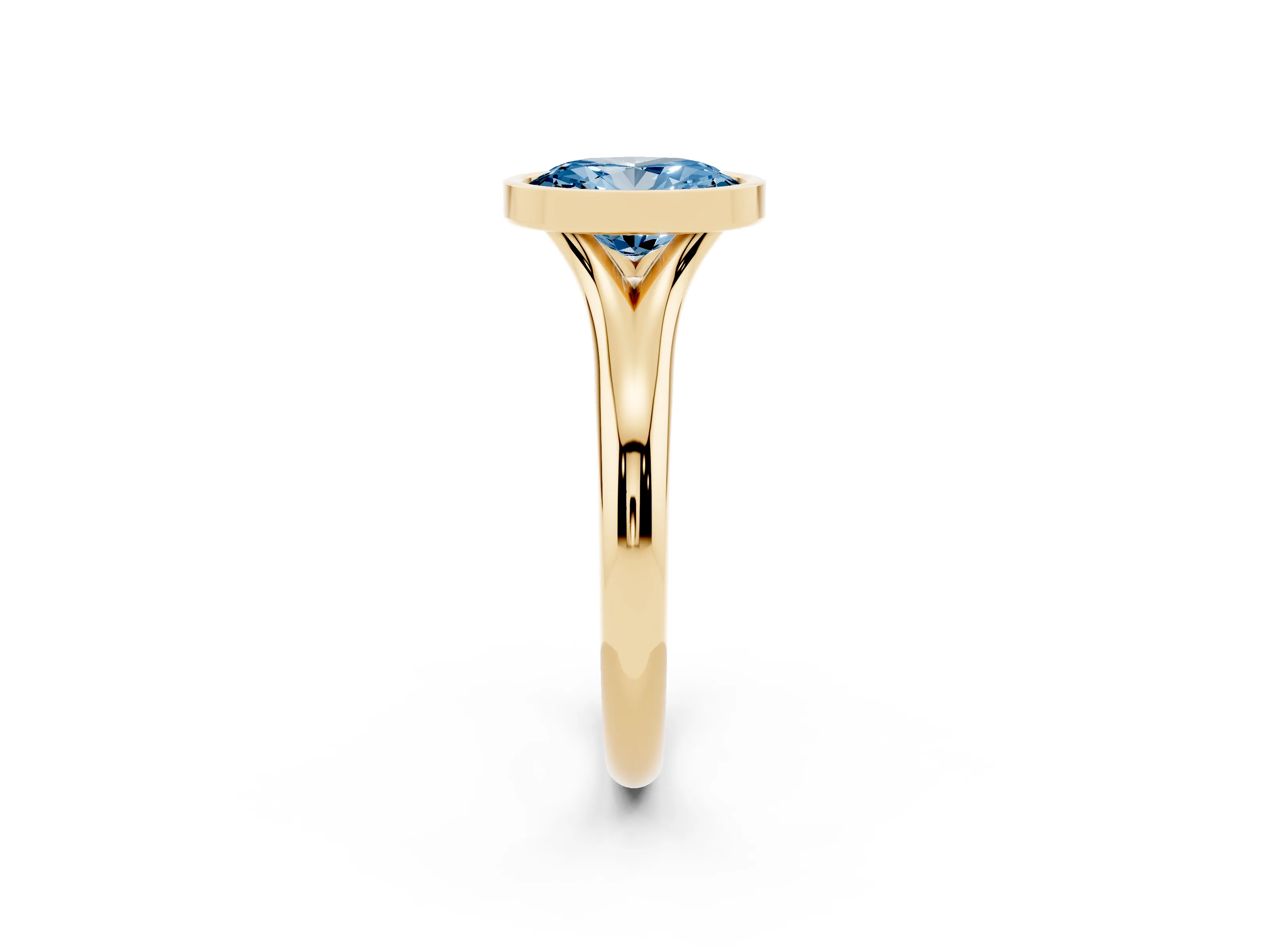 Fancy Blue Bezel Set Oval Cut Diamond Solitaire Ring Set in Yellow gold with Smooth Band