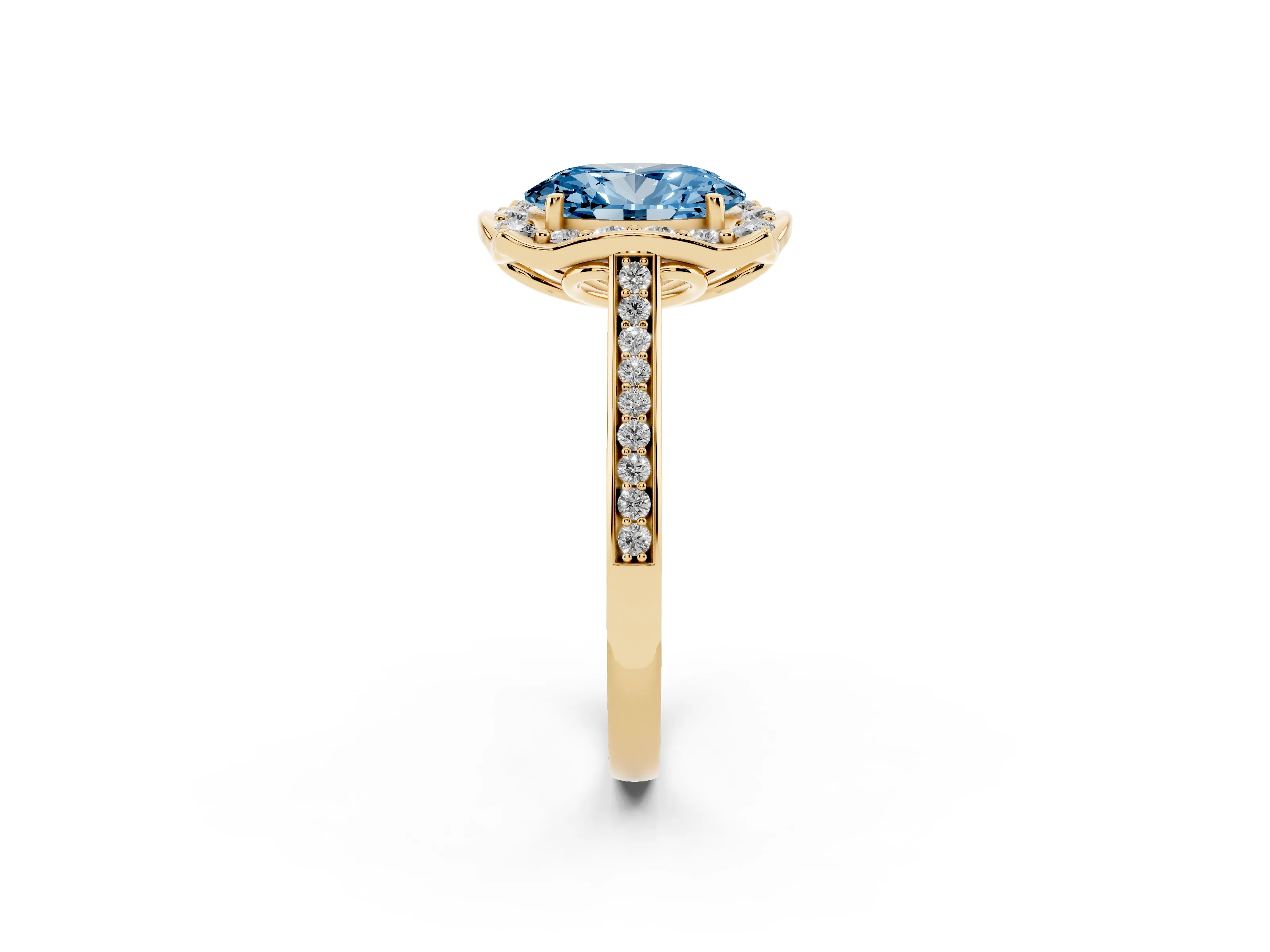 Fancy Blue Oval Cut Diamond Halo Ring Set in Yellow gold with Pavé-Lined Shoulders and Prong Setting