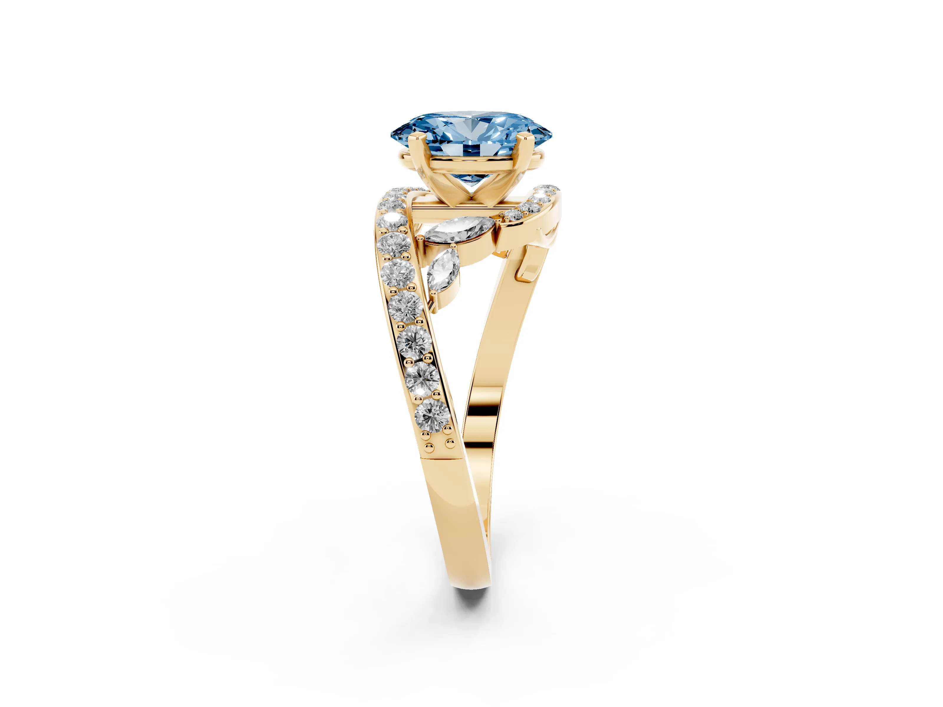 Fancy Blue Oval Cut Diamond Solitaire Ring Set in Yellow gold with Pavé Twist Band and Secure Prong Setting