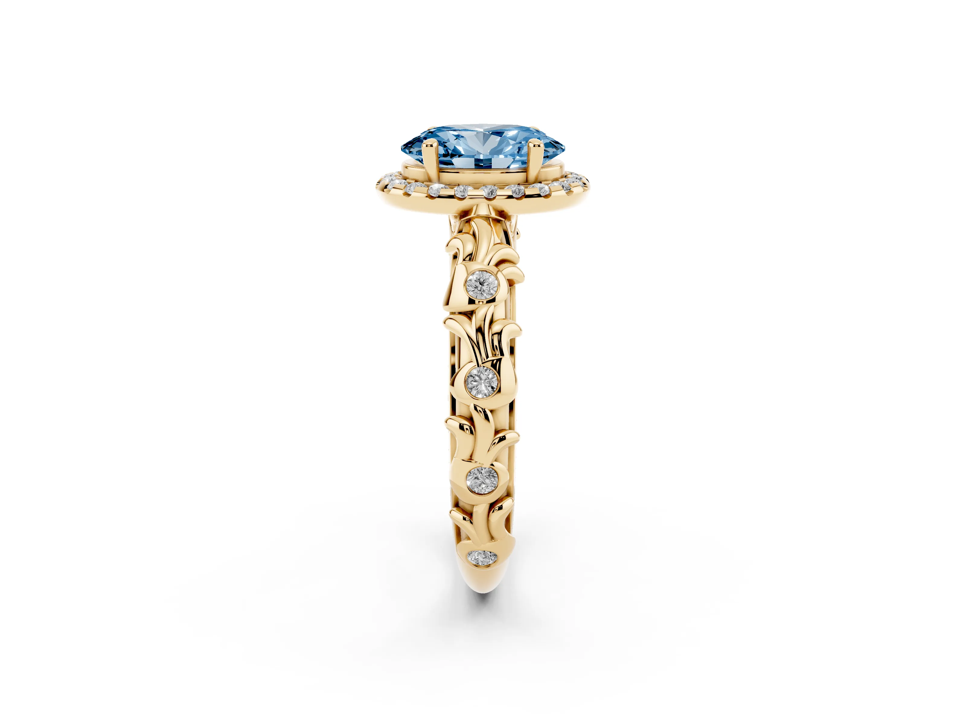 Fancy Blue Oval Cut Diamond Halo Ring Set in Yellow gold with Filigree Leaf Band and Prong Setting