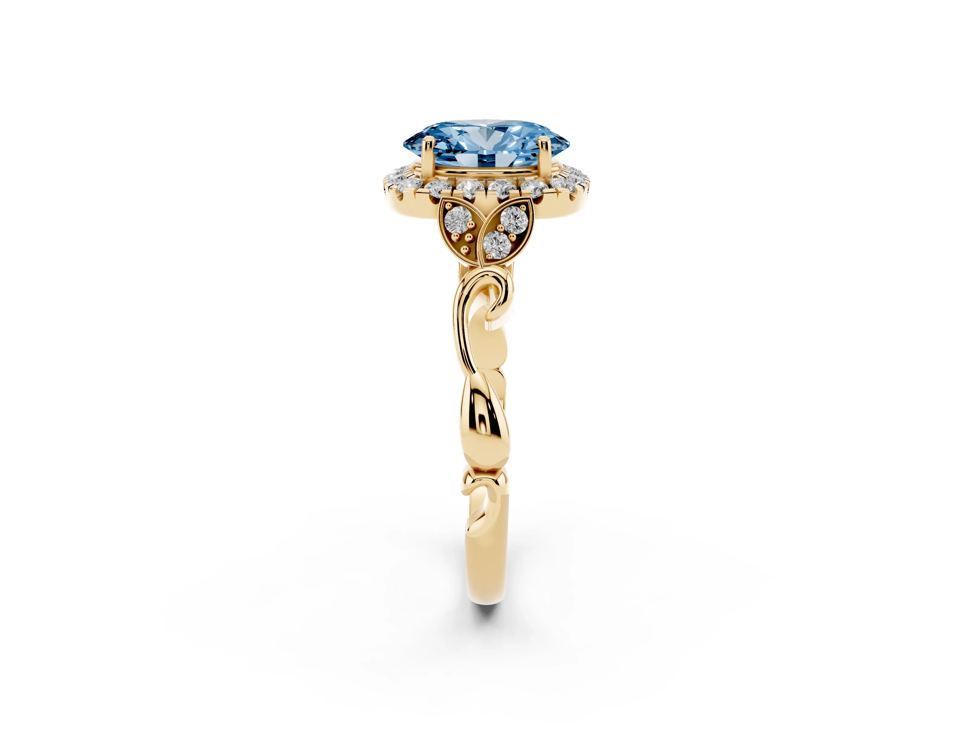 Fancy Blue Oval Cut Diamond Halo Engagement Ring Set in Yellow gold with Vintage-Inspired Band and Prong Setting