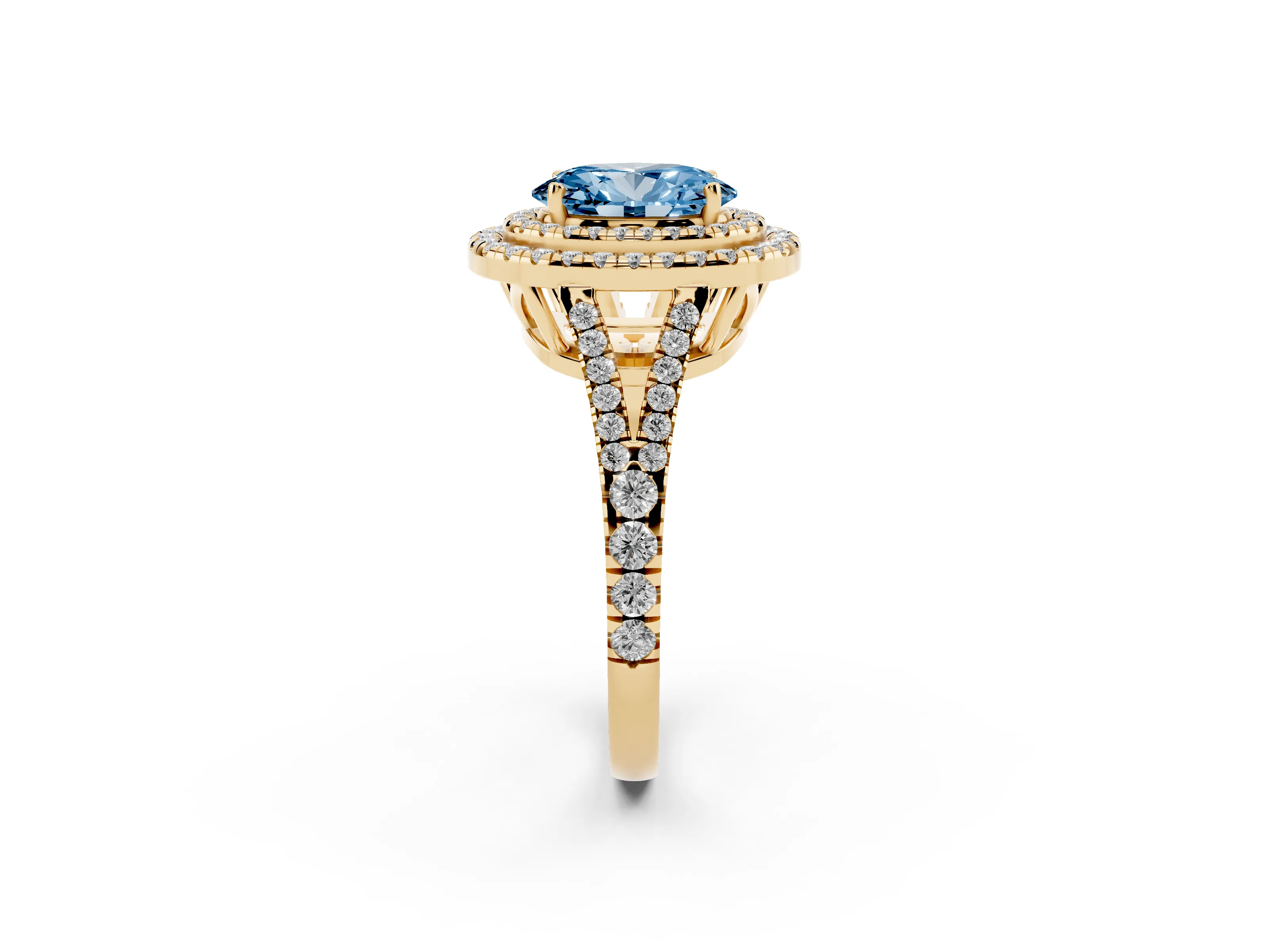 Fancy Blue Oval Cut Diamond Double Halo Ring Set in Yellow gold with Pavé Band