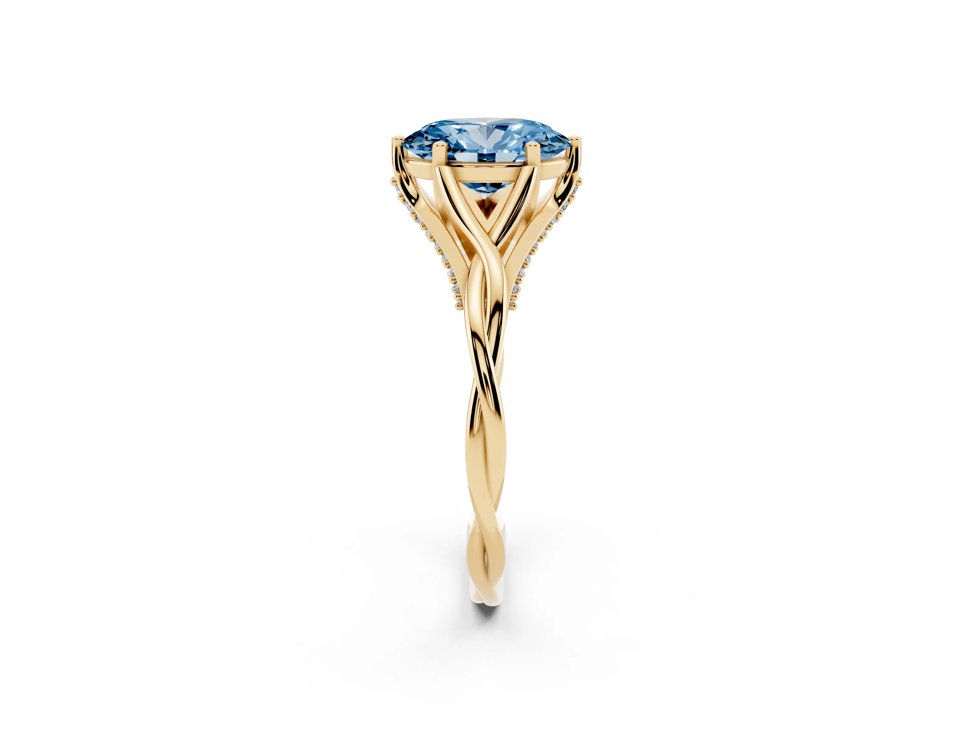 Fancy Blue Oval Cut Diamond Intertwined Twist Band Solitaire Ring Set in Yellow gold with Prong Setting