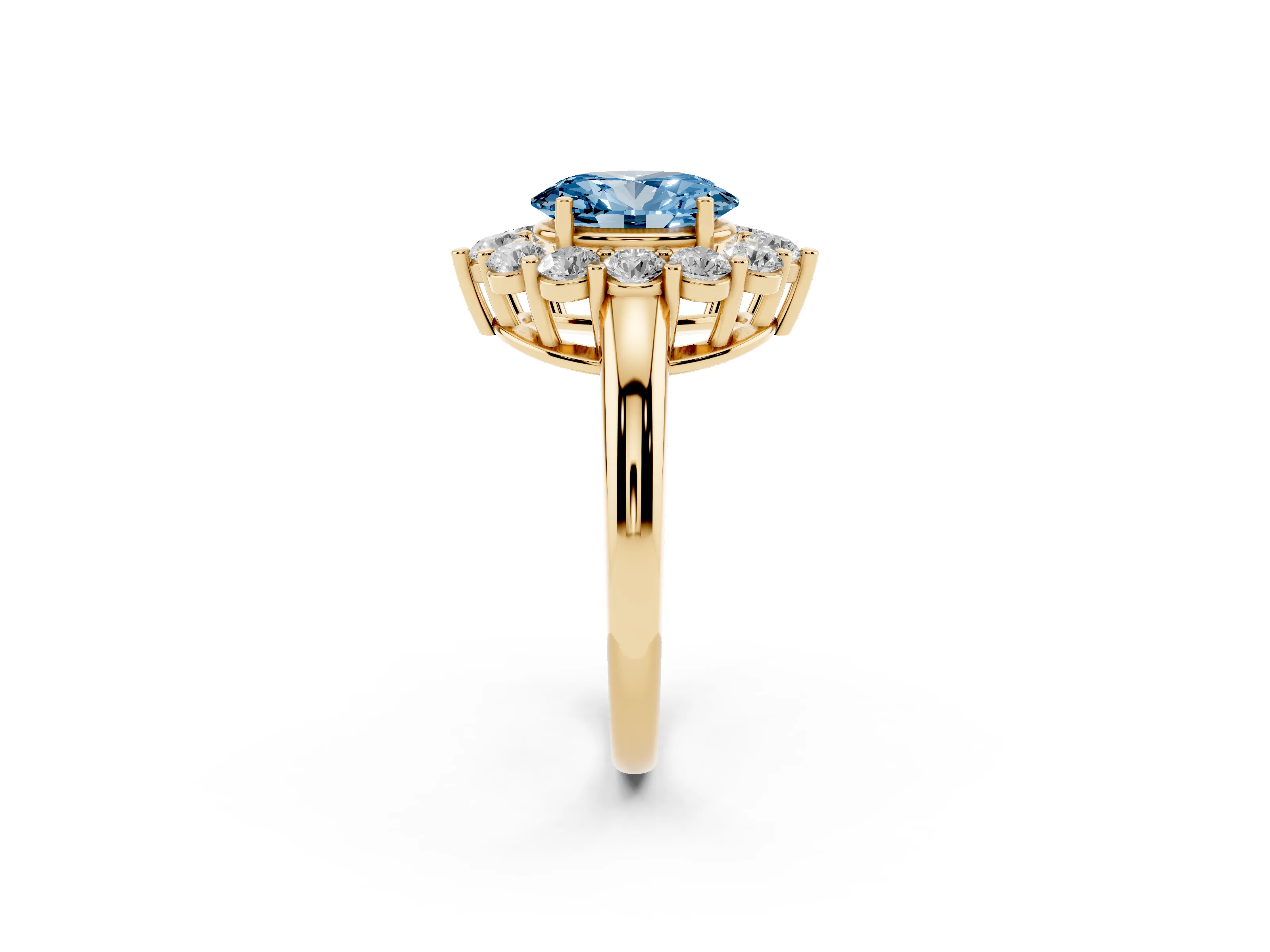 Fancy Blue Oval Cut Diamond Halo Cluster Engagement Ring Set in Yellow gold with Polished Band and Prong Setting