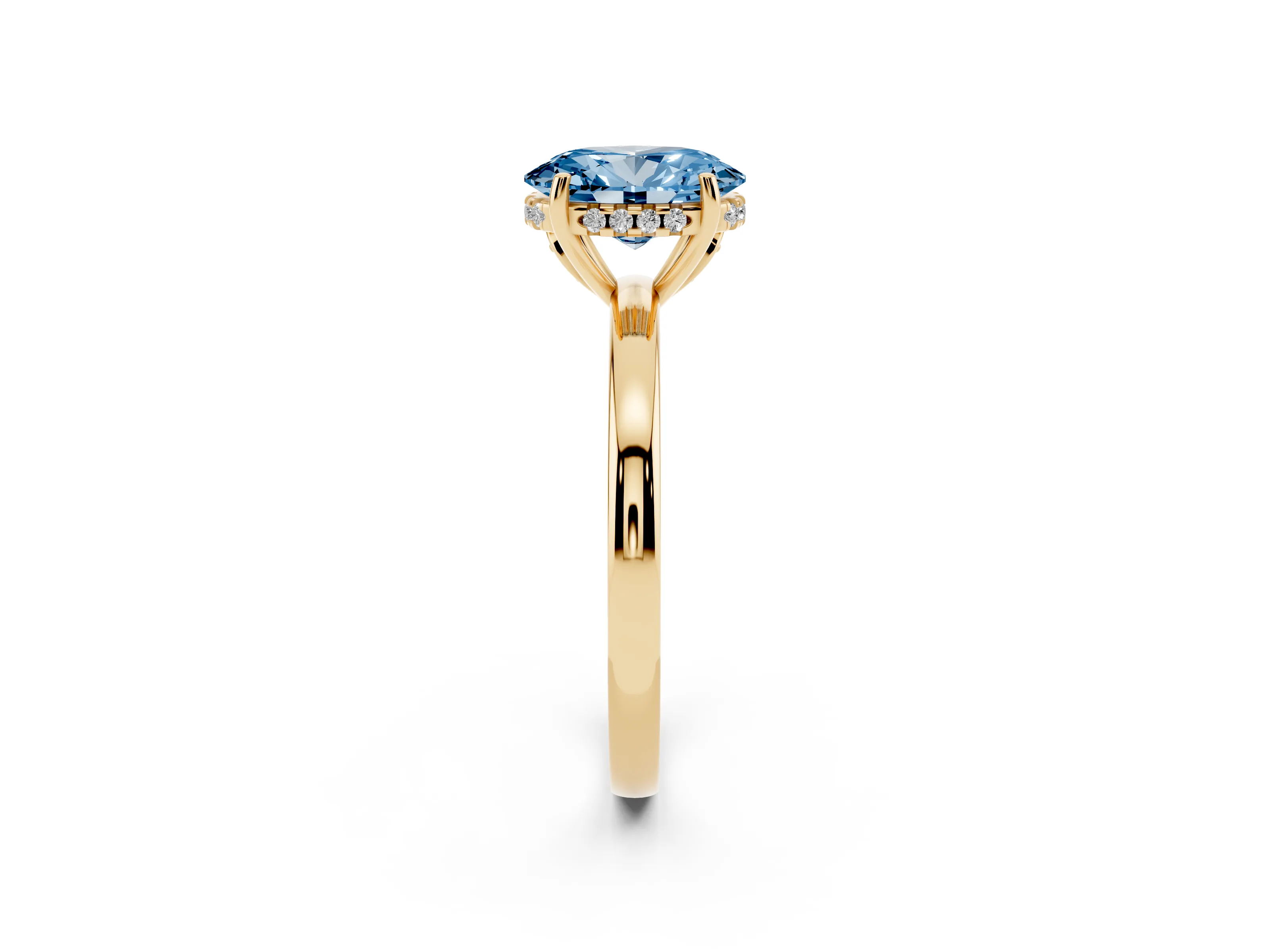 Fancy Blue Oval Cut Diamond Solitaire Ring Set in Yellow gold with Plain Band and Prong Setting