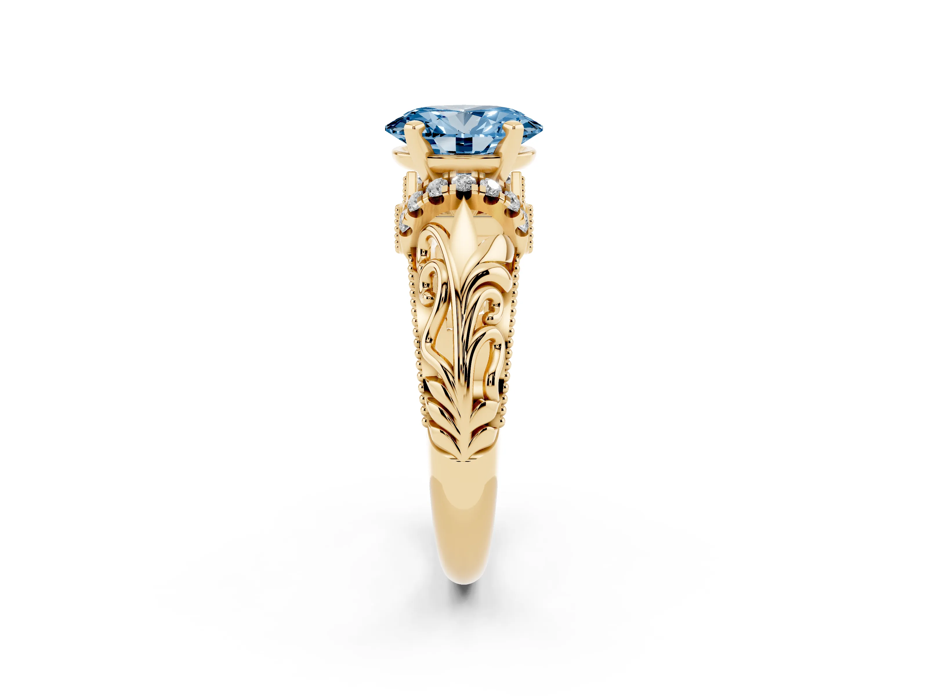 Fancy Blue Oval Cut Diamond Filigree Halo Engagement Ring Set in Yellow gold with Prong Setting