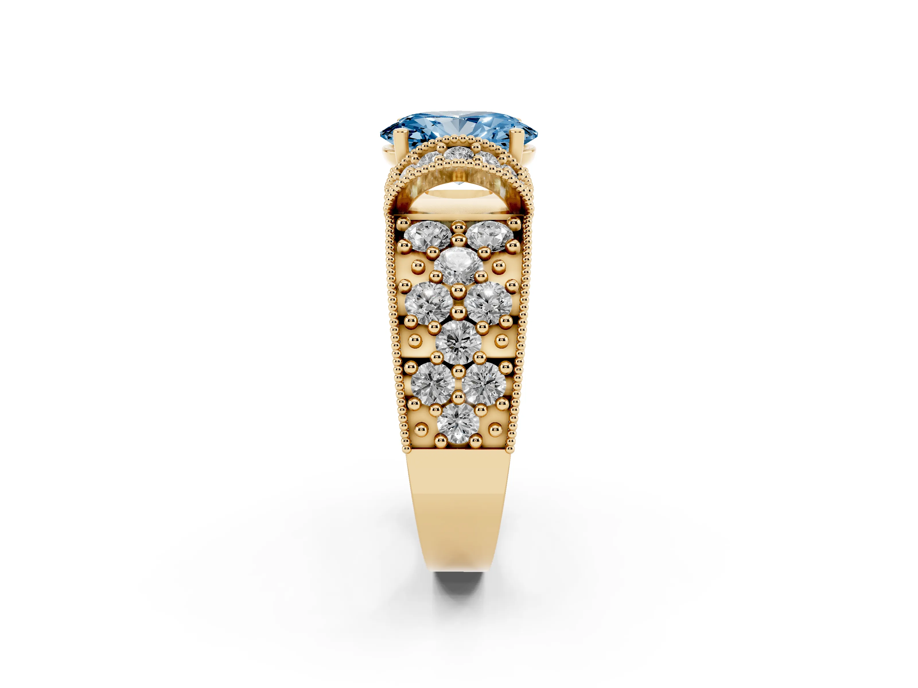Fancy Blue Oval Cut Diamond Milgrain Halo Pavé Engagement Ring Set in Yellow gold with Prong Setting