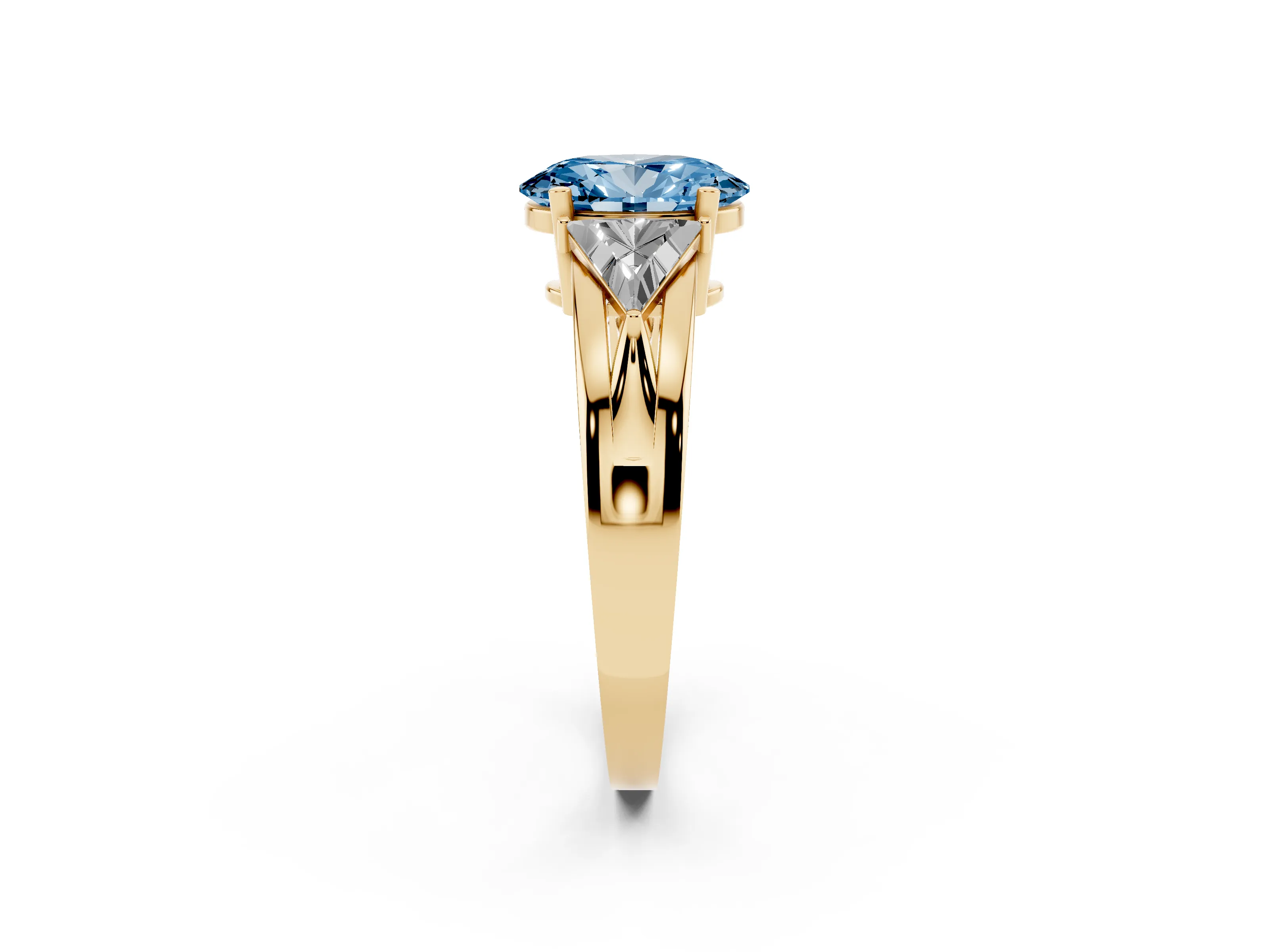 Fancy Blue Oval Cut Diamond Three-Stone Ring Set in Yellow gold with Trillion Side Stones and Split Shank